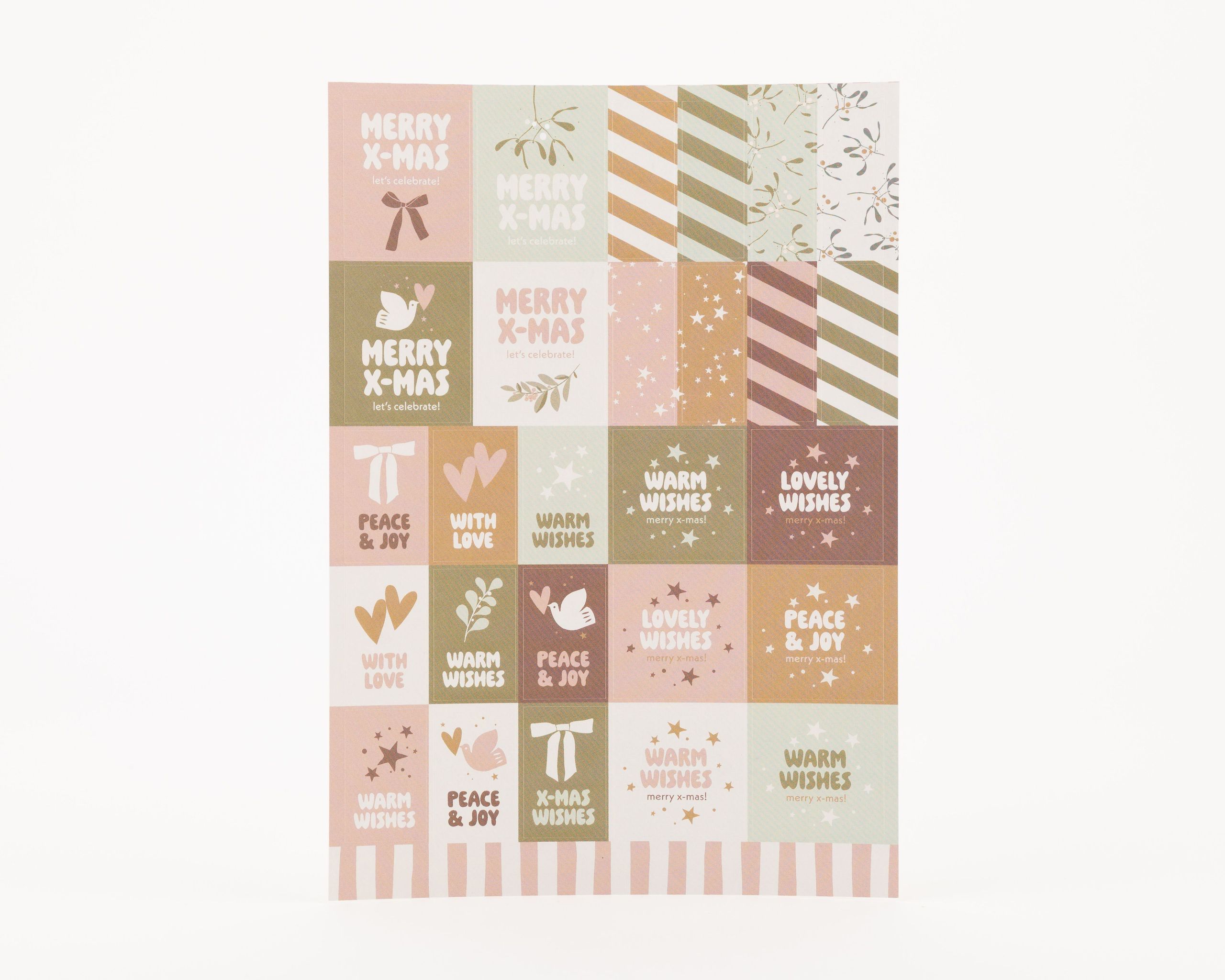 Sticker mit verschiedenen rechteckigen Weihnachtsdesigns in Rosa, Olivgrün und Goldfarben mit festlichen Sprüchen und Symbolen