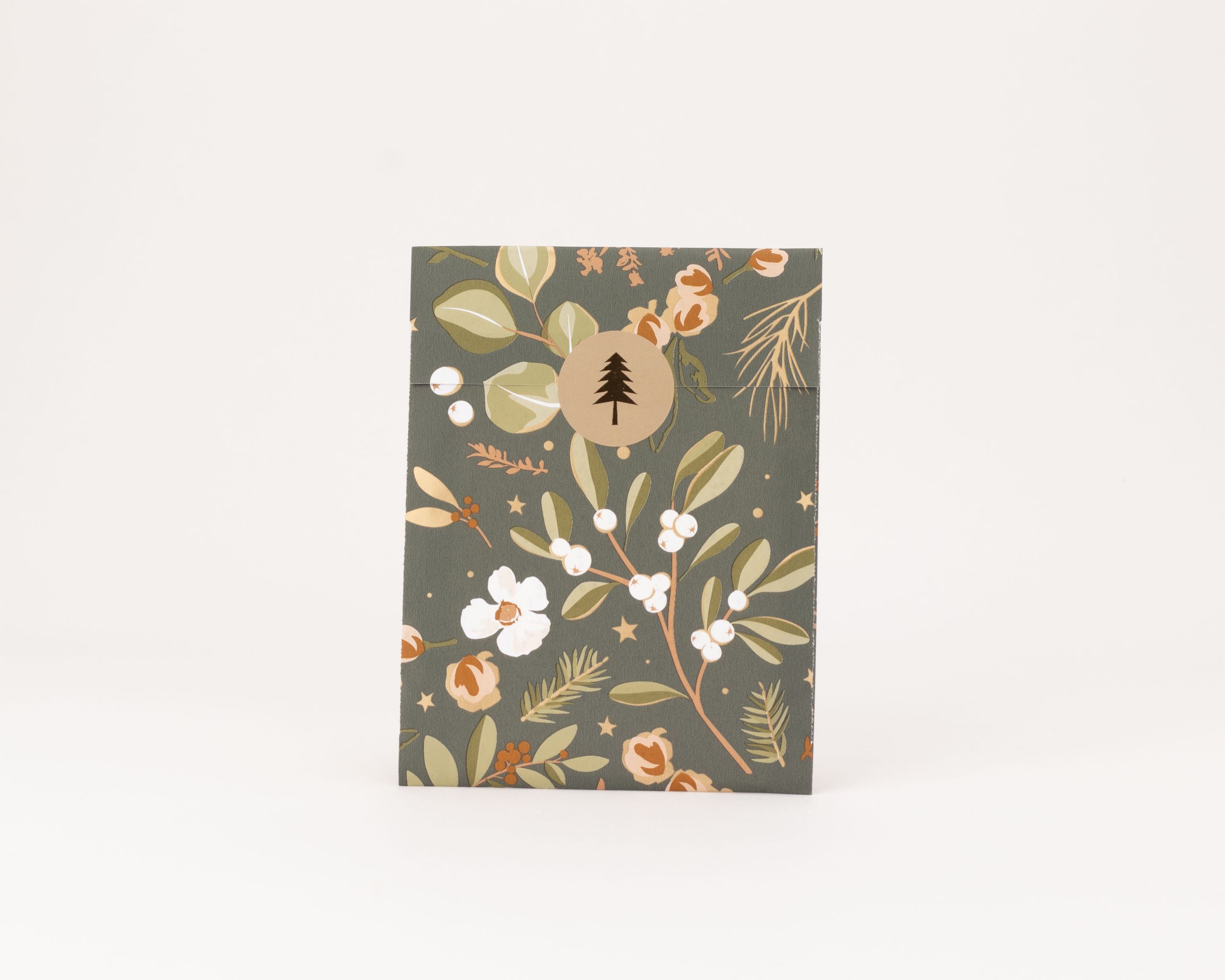 Flachbeutel mit grünem Wintergartenmuster in Weiß, Beige und Gold. Die Innenseite der Tüte ist hellbeige gestaltet