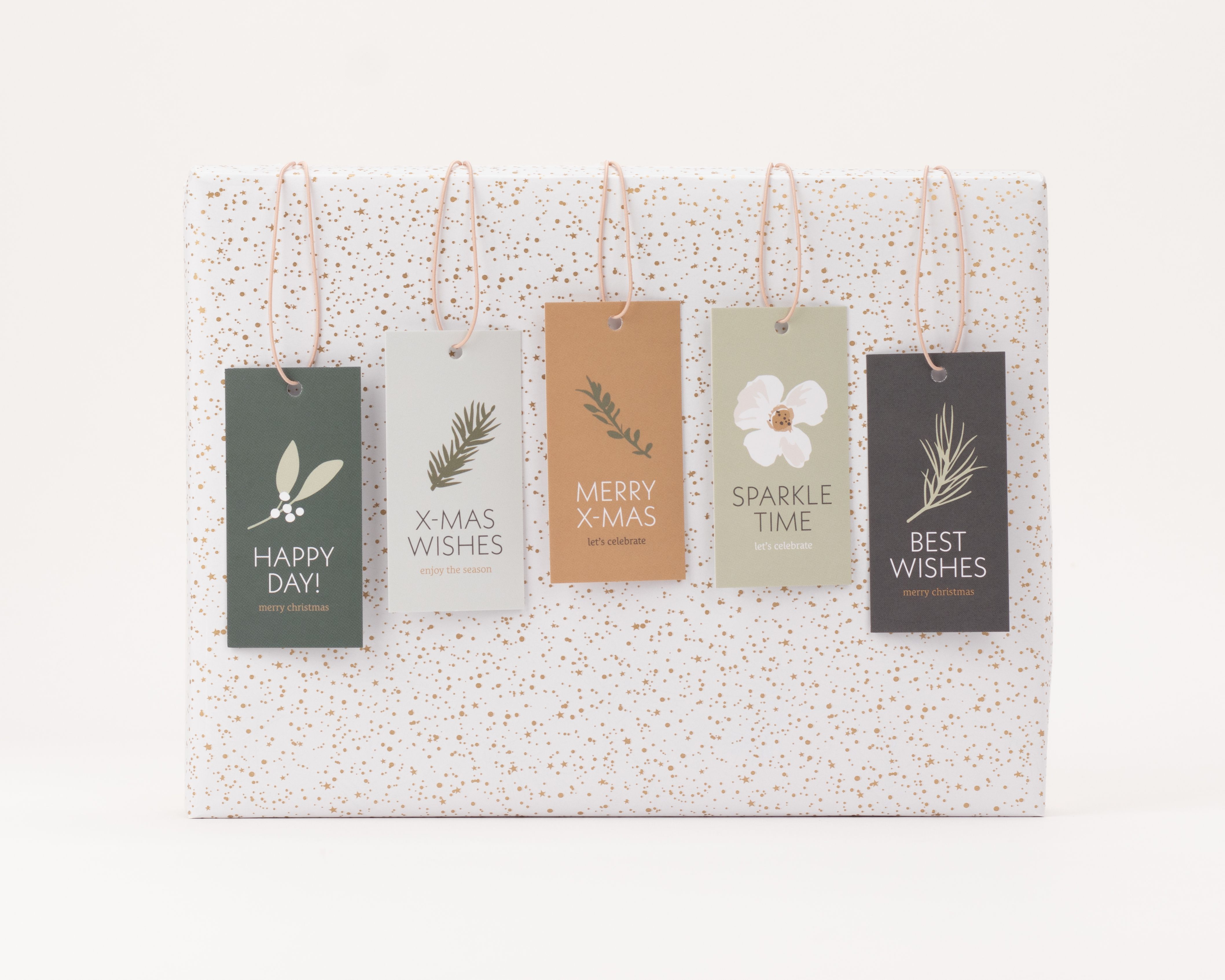 Geschenkanhänger-Set mit fünf rechteckigen Anhängern in winterlichen Tönen. Sie zeigen verschiedene botanische Motive und festliche Schriftzüge