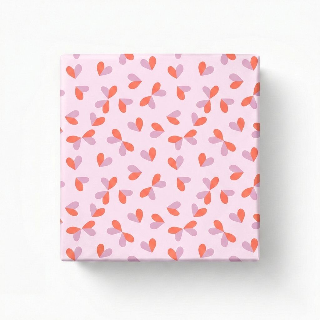 Geschenkpapier mit lilafarbenem Hintergrund und einem Muster aus lilafarbenen und orange-roten Herzen, die Schmetterlinge bilden, als verpacktes Geschenk.