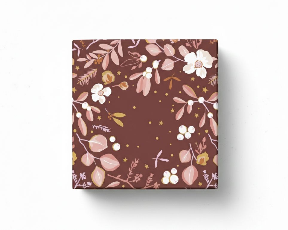Geschenkpapier mit floralem Wintergarten-Muster in Gold und Rosa auf burgunderrotem Grund, dargestellt als verpacktes quadratisches Geschenk