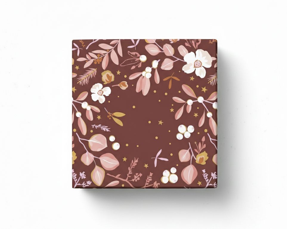 Geschenkpapier mit floralem Wintergarten-Muster in Gold und Rosa auf burgunderrotem Grund, dargestellt als verpacktes quadratisches Geschenk