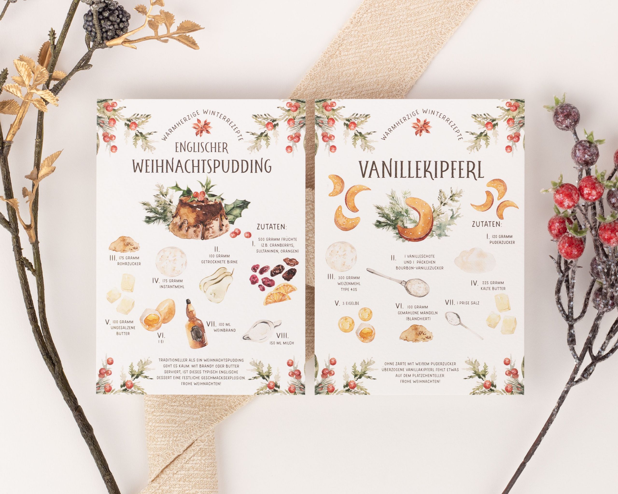 Weihnachtskarten - Weihnachtsrezepte Aquarell - 10er-Set