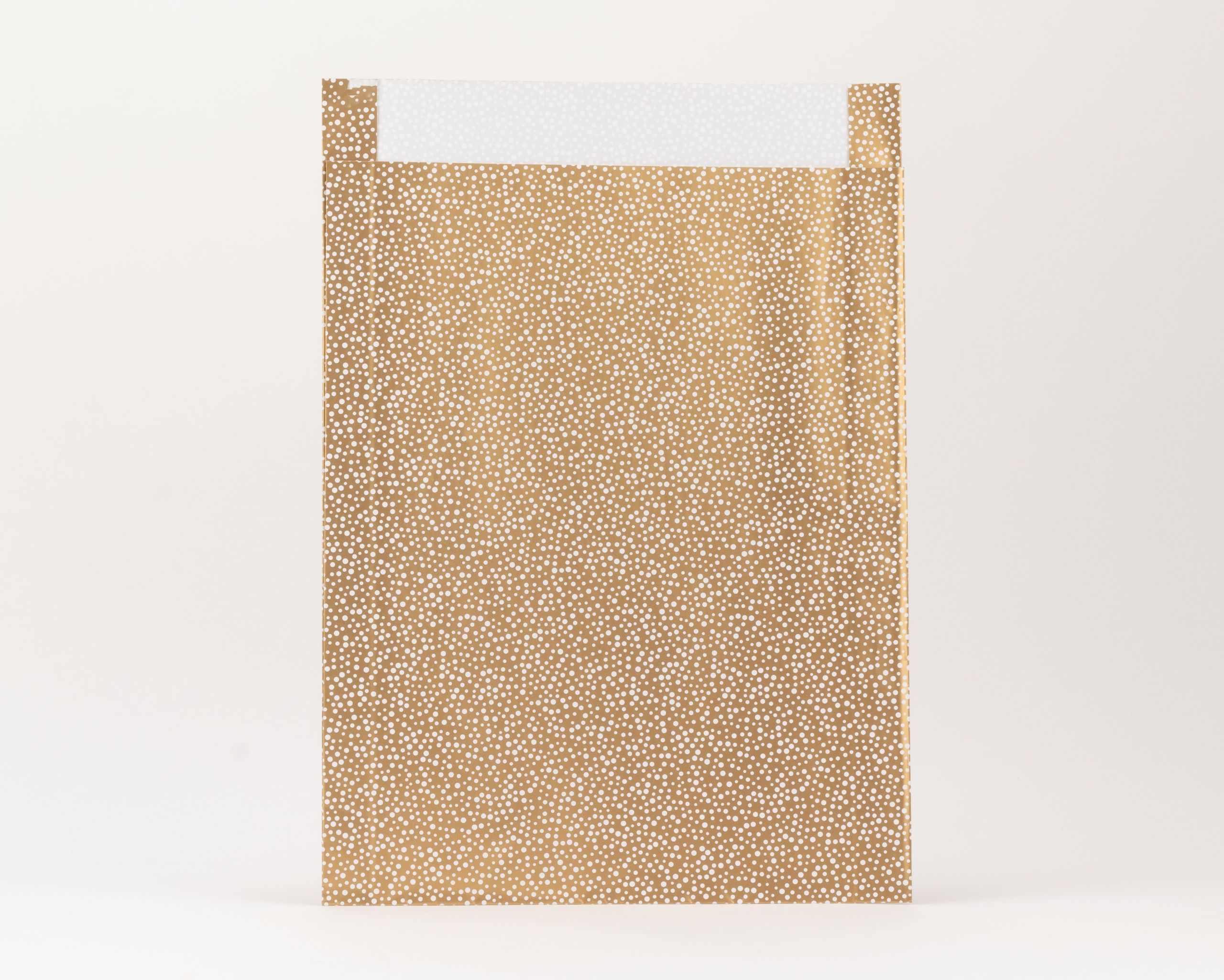 Papiertüten Flachbeutel mit goldener Außenseite und weißen Punkten, die Innenseite ist weiß und ebenfalls gepunktet