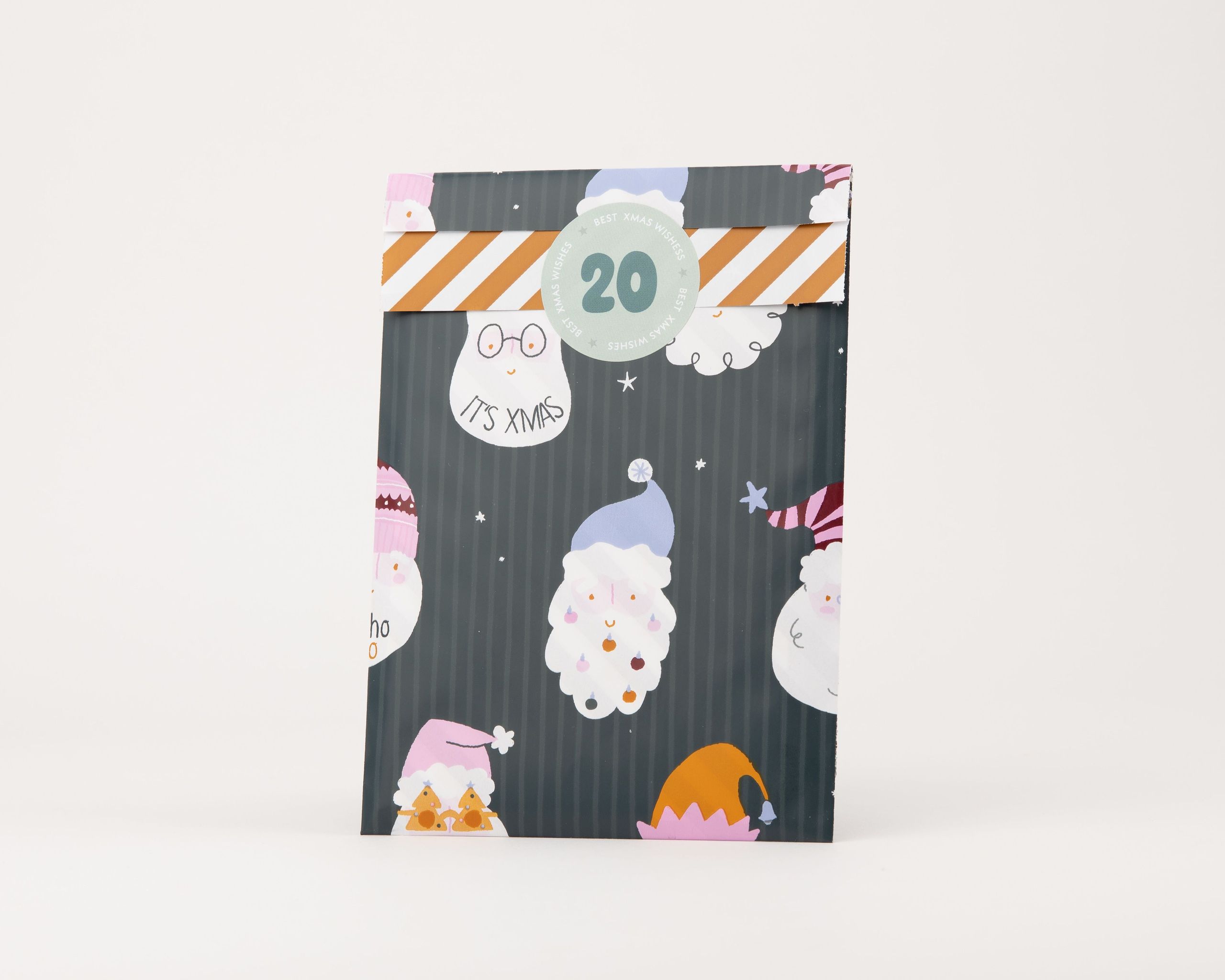 Papiertüten Flachbeutel mit Crazy-Santa-Weihnachtsmotiv in Petrol, Rosa, Hellblau, Weinrot und Ocker. Die Innenseite zeigt orange-weiße Streifen