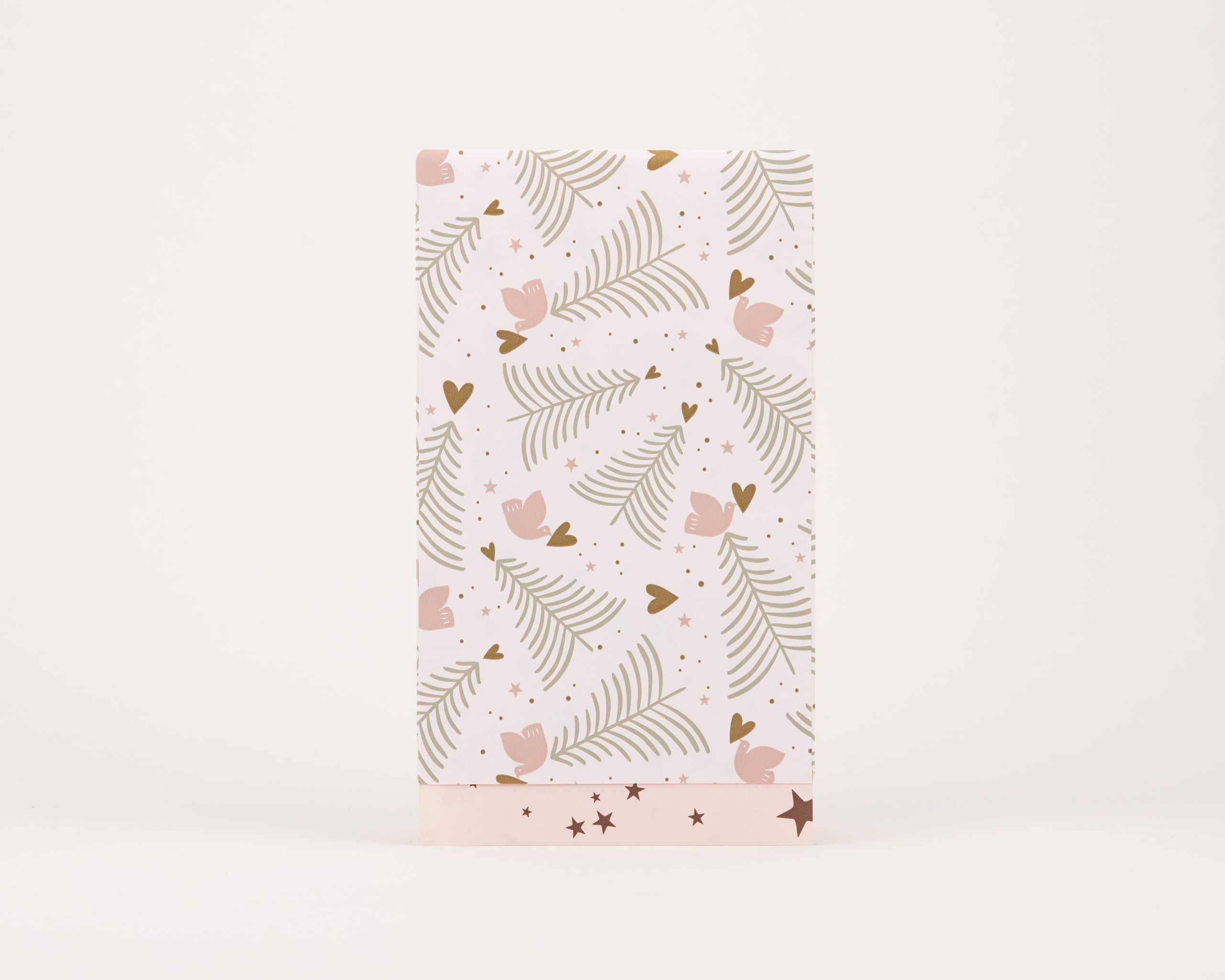 Papiertüten Flachbeutel in Puderrosa mit grünen Tannen, rosa Tauben und goldenen Herzen. Innen rosa mit goldenen Sternen