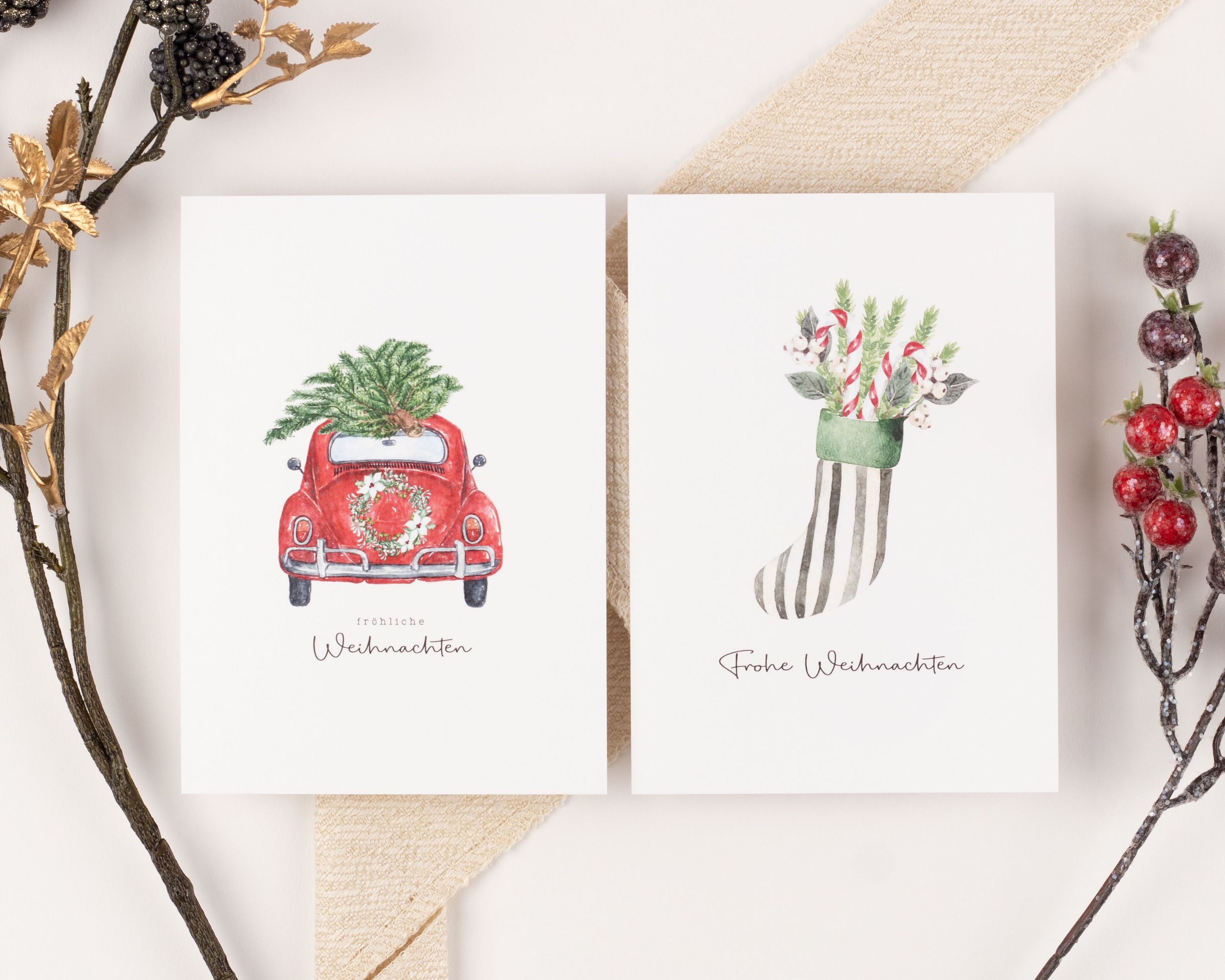 Weihnachtskarten - Boho Aquarell - 10er-Set