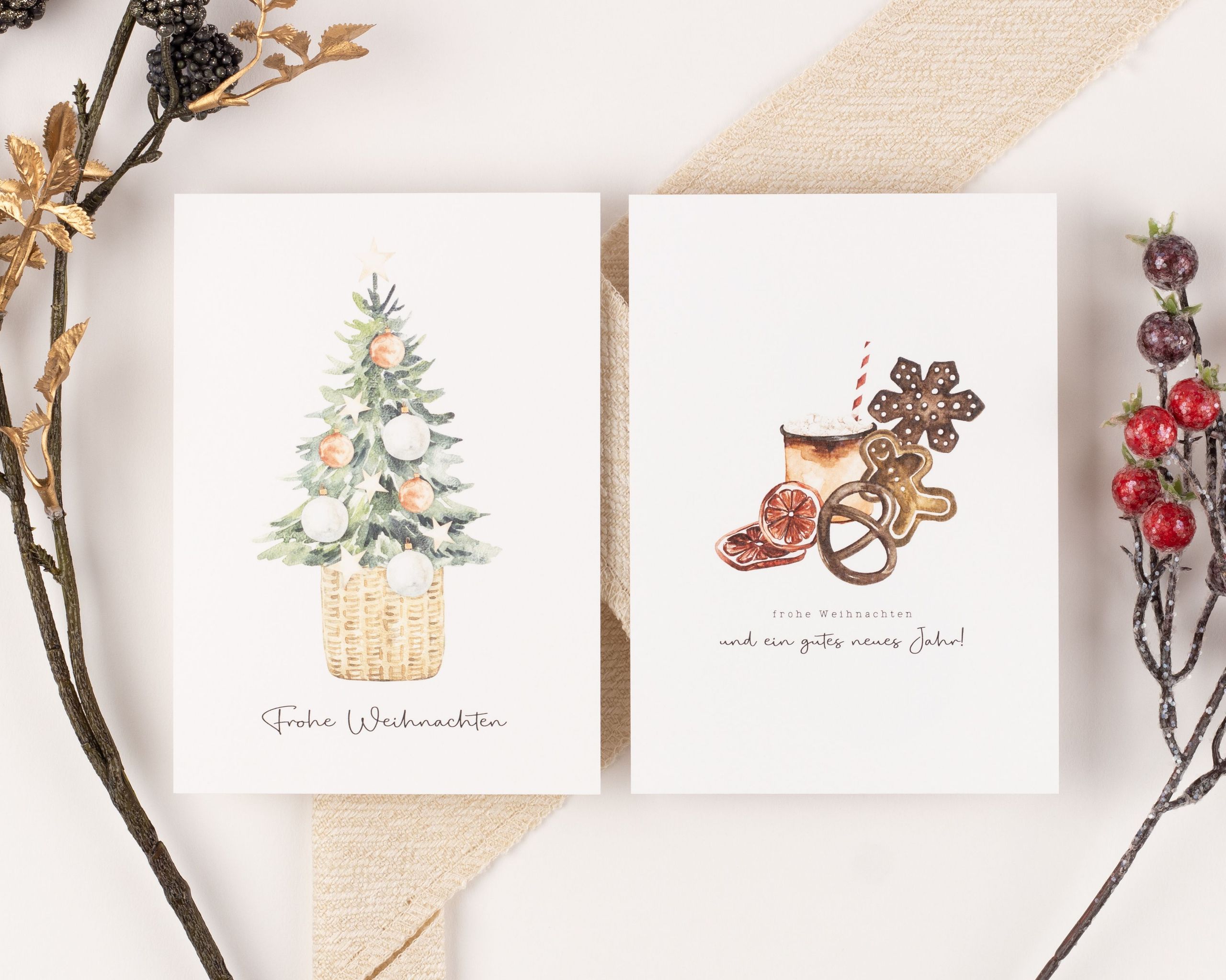 Weihnachtskarten - Boho Aquarell - 10er-Set