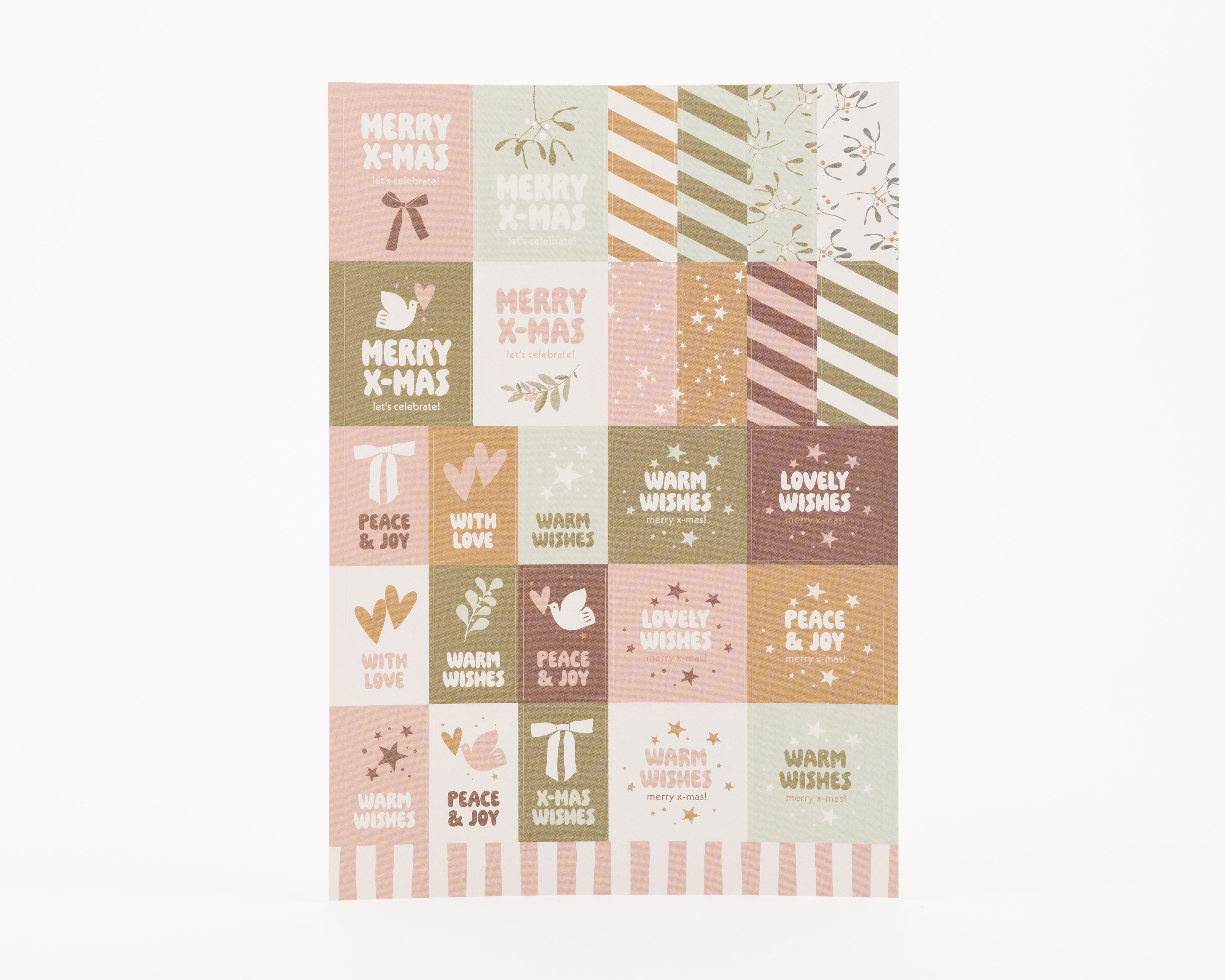Sticker mit verschiedenen rechteckigen Weihnachtsdesigns in Rosa, Olivgrün und Goldfarben mit festlichen Sprüchen und Symbolen