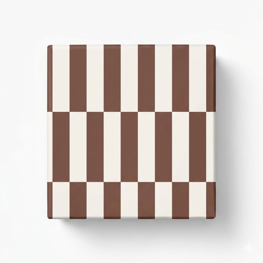 Geschenkpapier-Set mit einem quadratischen, in braune und weiße Blockstreifen verpackten Geschenk