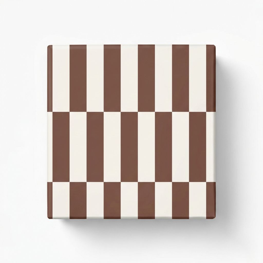 Geschenkpapier mit einem Muster aus breiten, vertikalen Streifen in Braun und Cremeweiß, dargestellt als verpacktes Geschenk