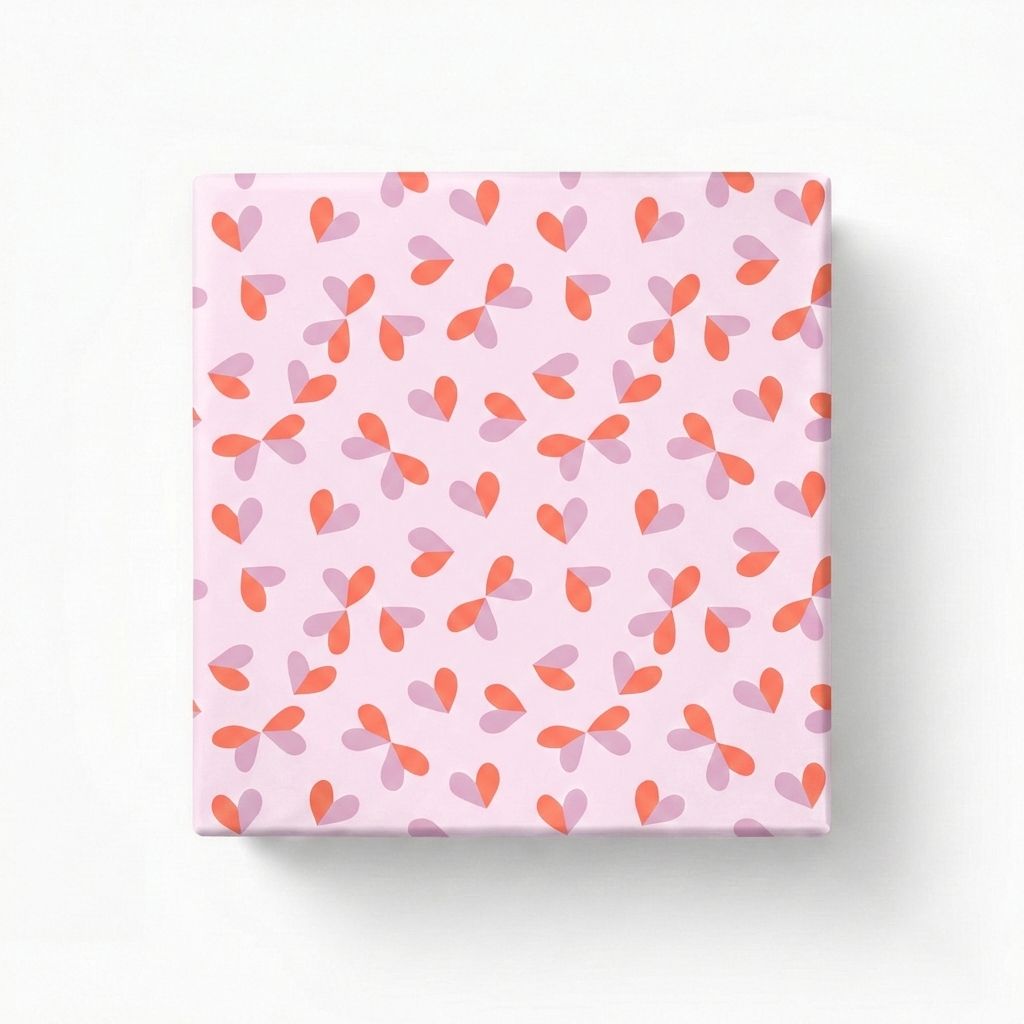 Geschenkpapier mit lilafarbenem Hintergrund und einem Muster aus lilafarbenen und orange-roten Herzen, die Schmetterlinge bilden, als verpacktes Geschenk.