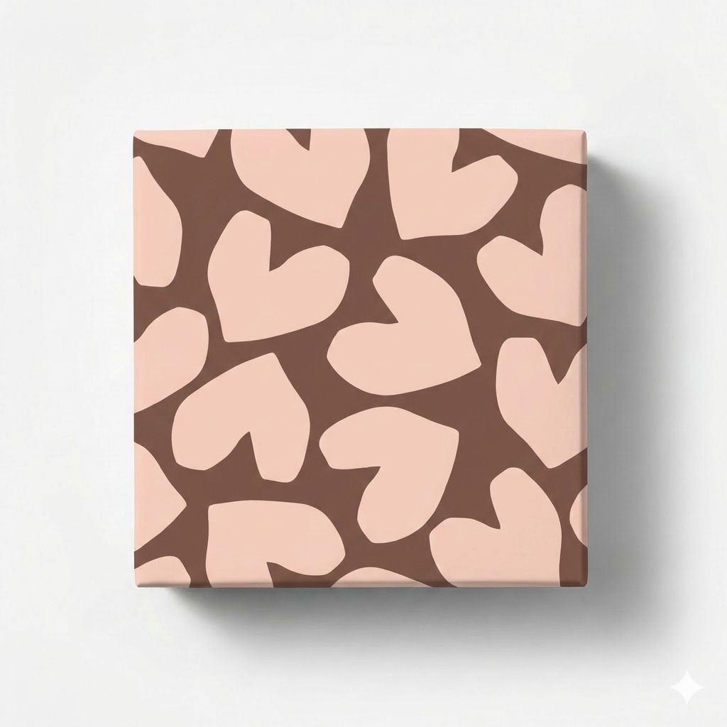 Geschenkpapier-Set mit vier Rollen, die ein Design aus hellrosafarbenen Herzen auf braunem Hintergrund zeigen