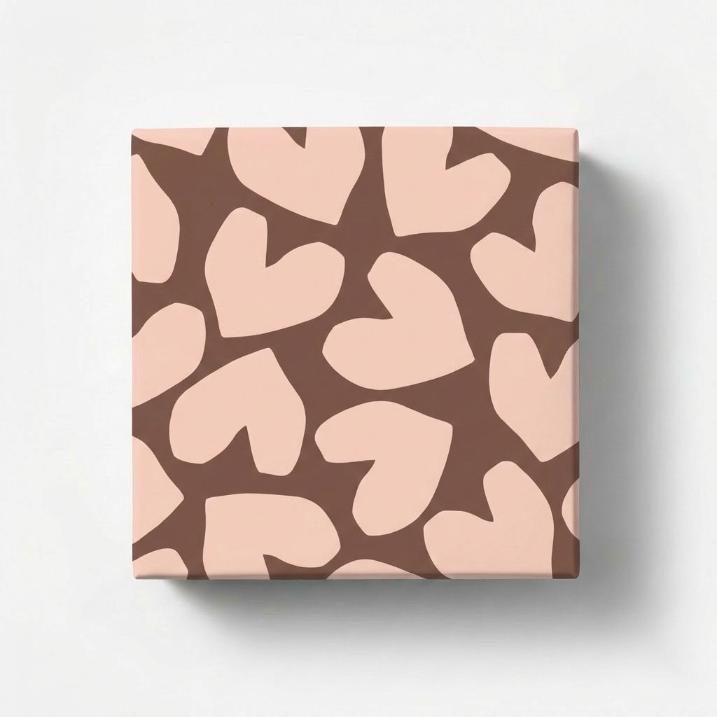 Geschenkpapier mit unregelmäßigen hellrosafarbenen Herzen auf braunem Grund, als verpacktes Geschenk von oben dargestellt