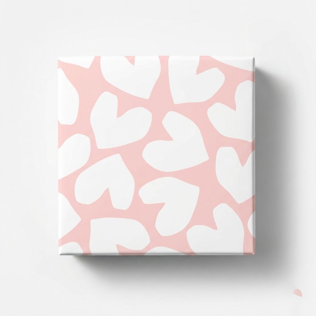 Geschenkpapier in Rosa mit weißen Herzen, auf einem quadratischen Paket als verpacktes Geschenk dargestellt