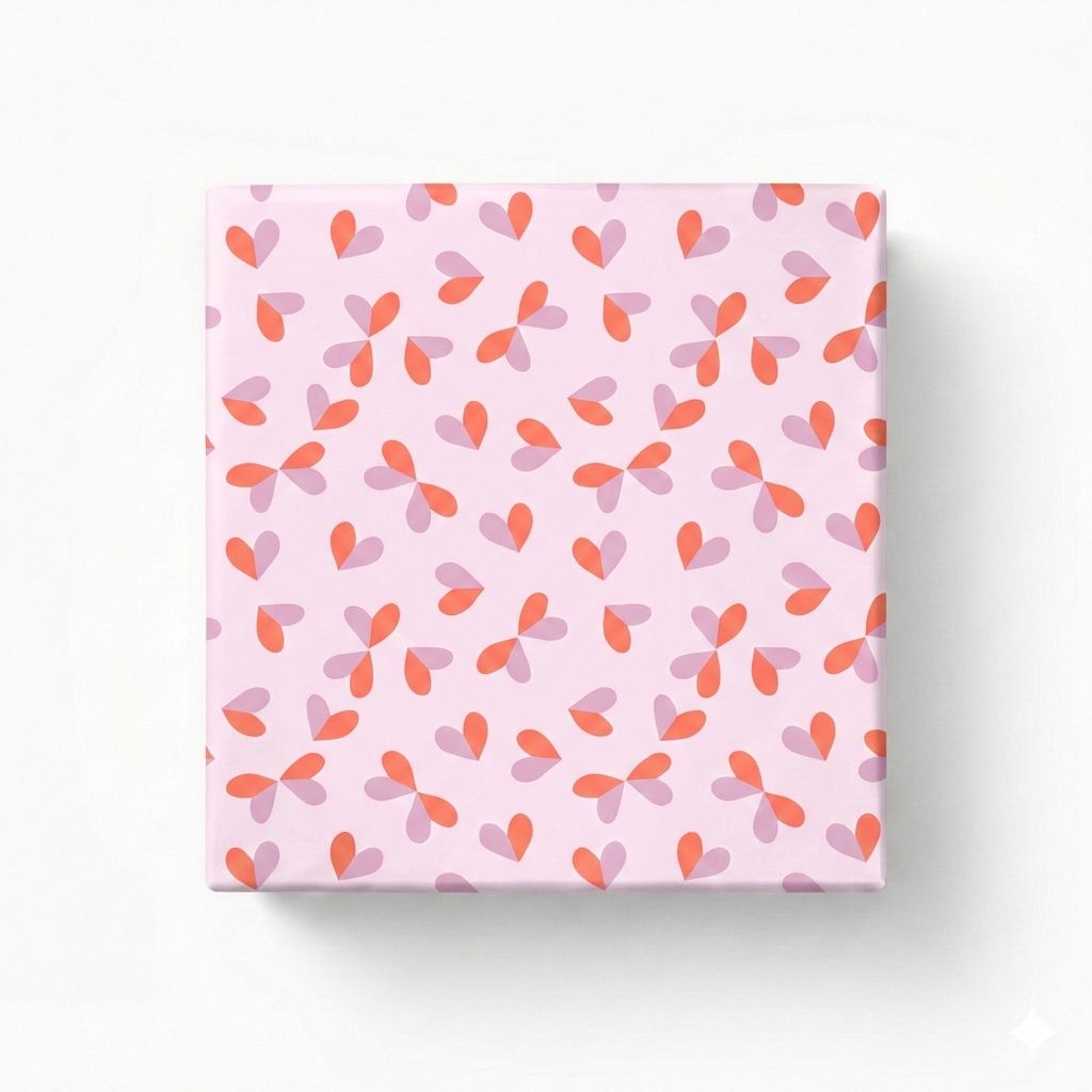 Geschenkpapier-Set: Ein einzelnes in zartrosa Papier verpacktes Geschenk, dekoriert mit filigranen Herzen in Flieder und Neon Koralle