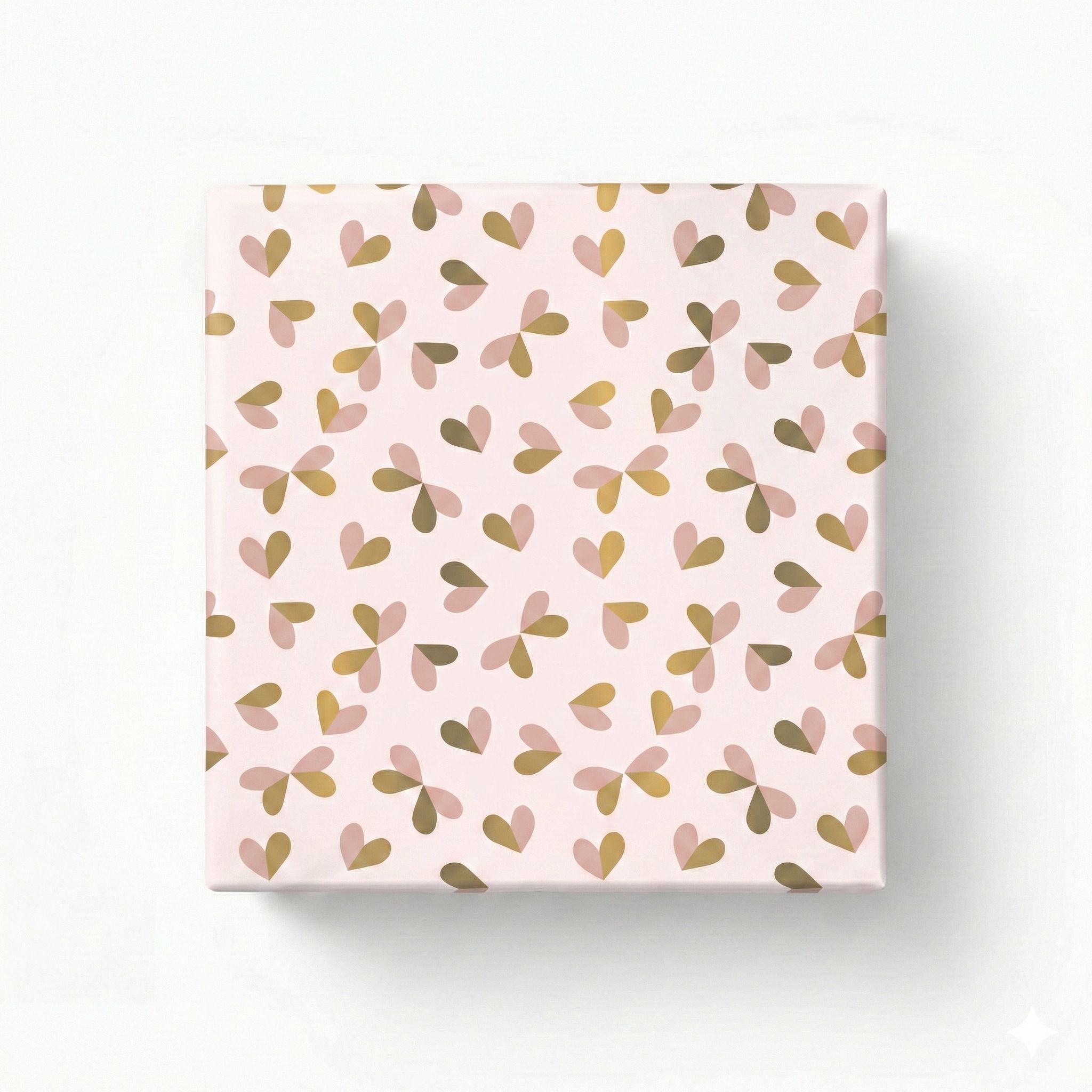 Geschenkpapier-Set mit einem verpackten Geschenk in Hellrosa und Creme, verziert mit einem Muster aus rosa und goldenen Schmetterlingsherzen
