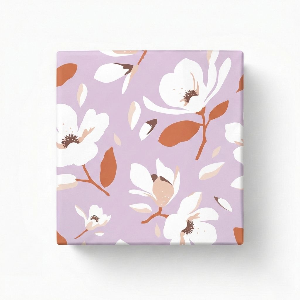 Geschenkpapier mit weißen und terrakotta floralen Magnolien-Motiven auf hellem lila Grund, als verpacktes Geschenk gezeigt
