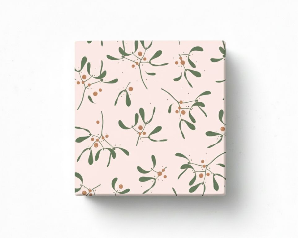 Geschenkpapier mit einem Muster aus Mistelzweigen mit olivgrünen Blättern und zimtfarbenen Beeren auf rosa Hintergrund liegend