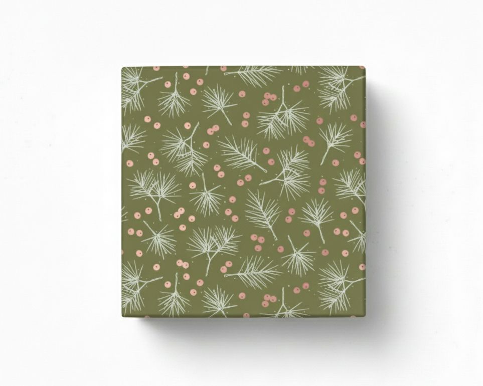 Geschenkpapier in Olivgrün mit hellen Tannenzweigen und glänzenden korallenrosafarbenen Beeren als verpacktes Geschenk