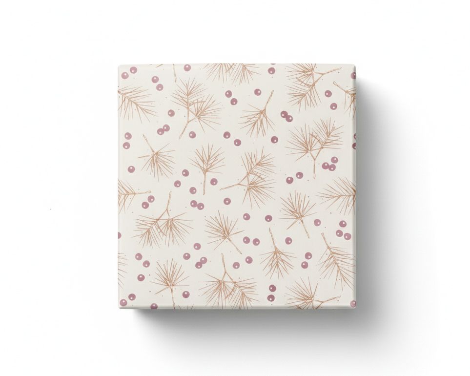 Geschenkpapier mit Tannen- und Beerenmotiv auf cremeweißem Grund, als verpacktes Geschenk. Die rosa Beeren schimmern metallisch