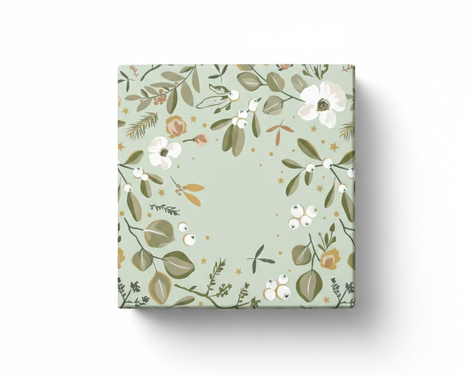 Geschenkpapier-Set: Geschenk verpackt in salbeigrünes Papier mit botanischem Wintergarten-Motiv, Blättern, Beeren und goldenen Sternen