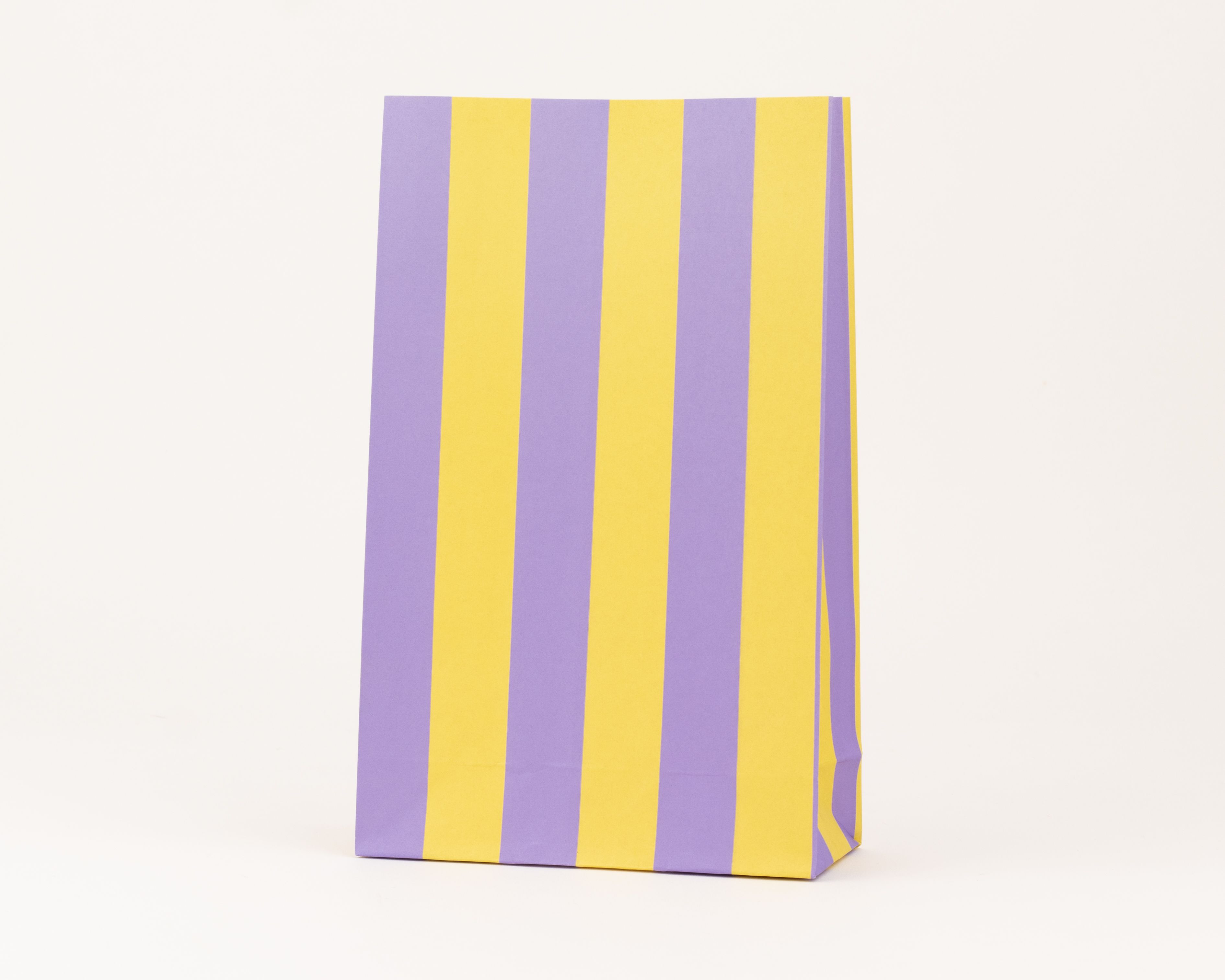 Papiertüten Blockbodenbeutel mit vertikalen Streifen in Flieder und Gelb, mit stabilem, rechteckigem Boden