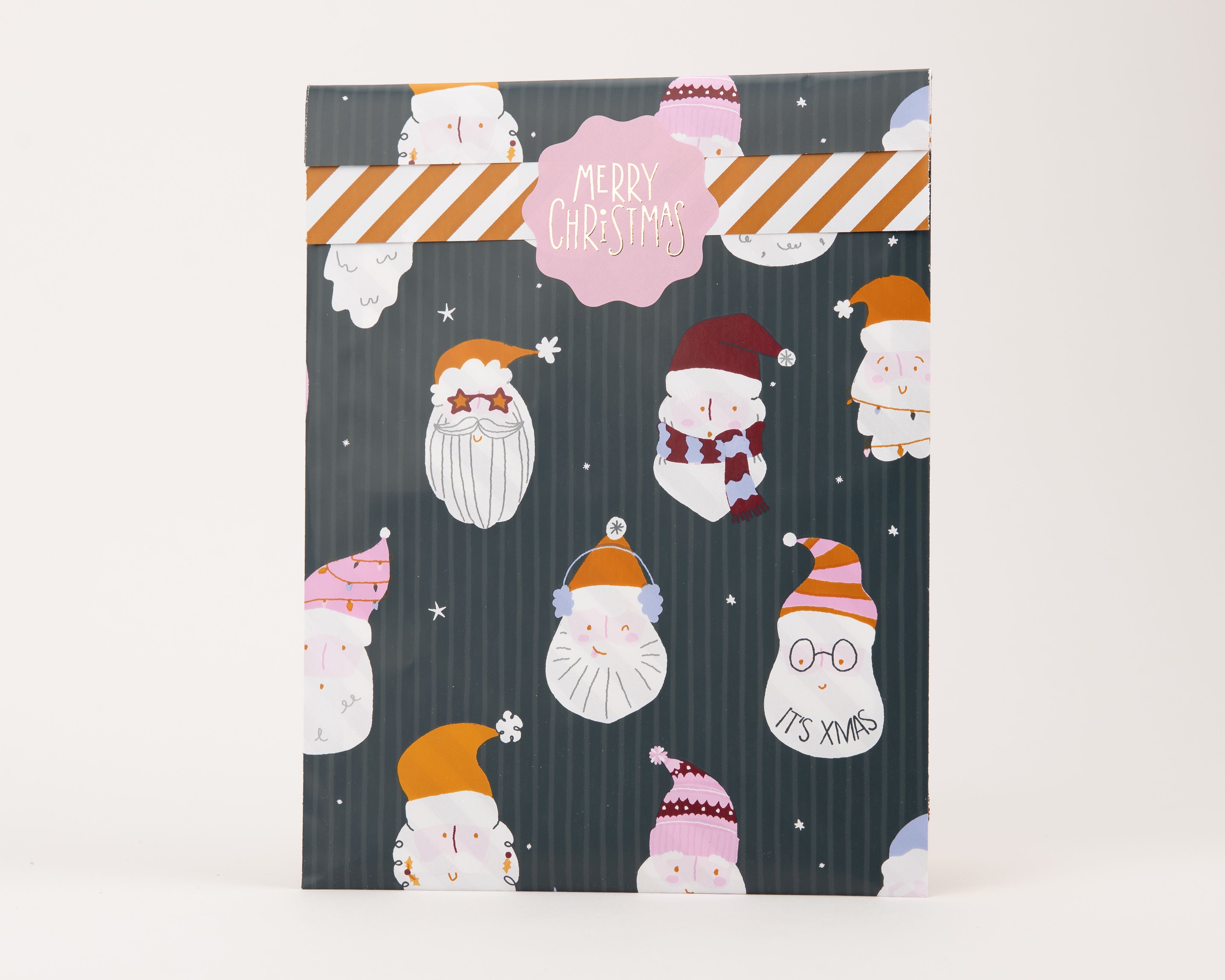 Papiertüten Flachbeutel mit Crazy Santa Weihnachtsmotiv auf petrolfarbenem Hintergrund, die Innenseite ist orange-weiß gestreift