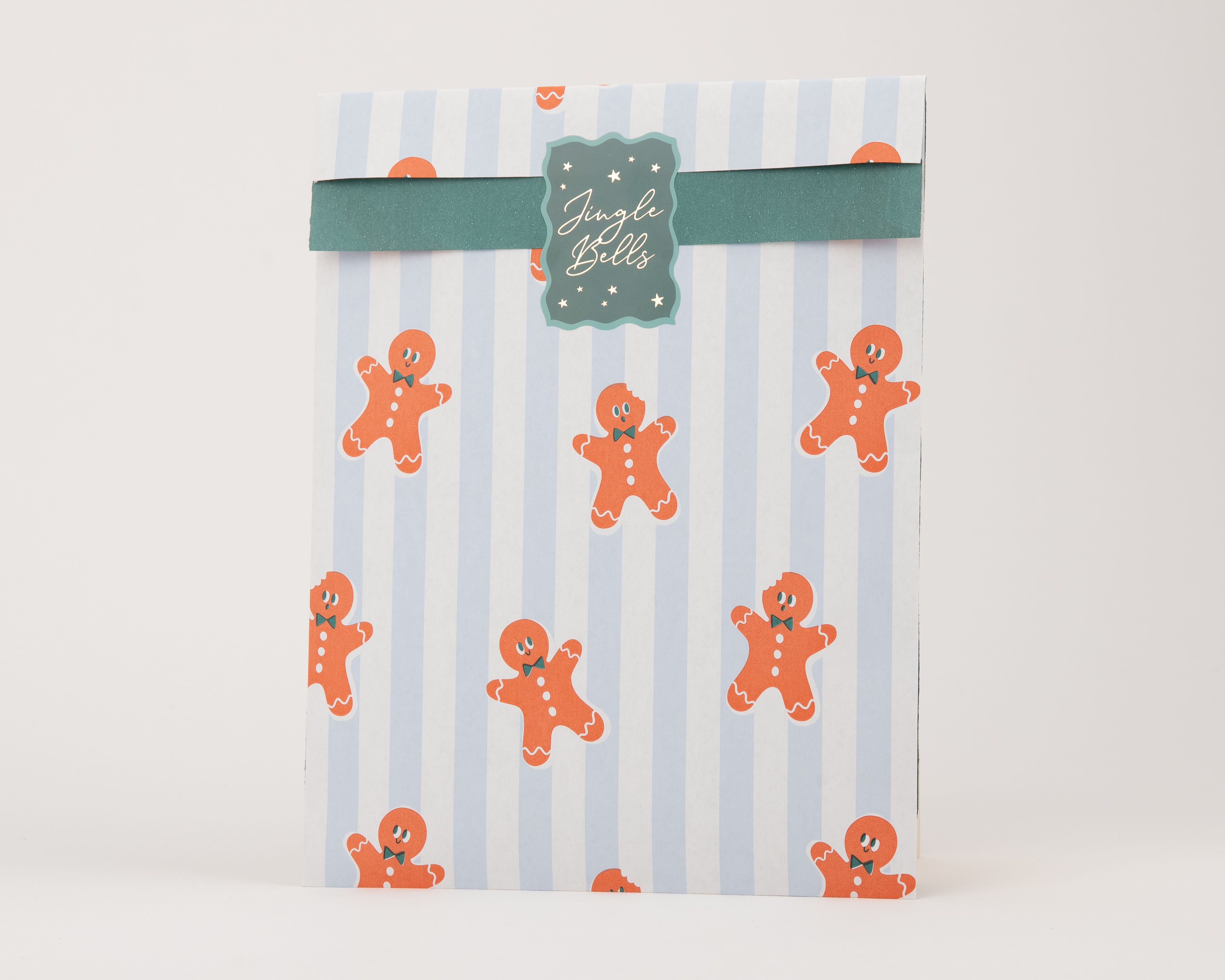 Papiertüten Flachbeutel mit blau-weißen Streifen und orangen Lebkuchenmännchen mit grünen Schleifen, die Innenseite ist grün