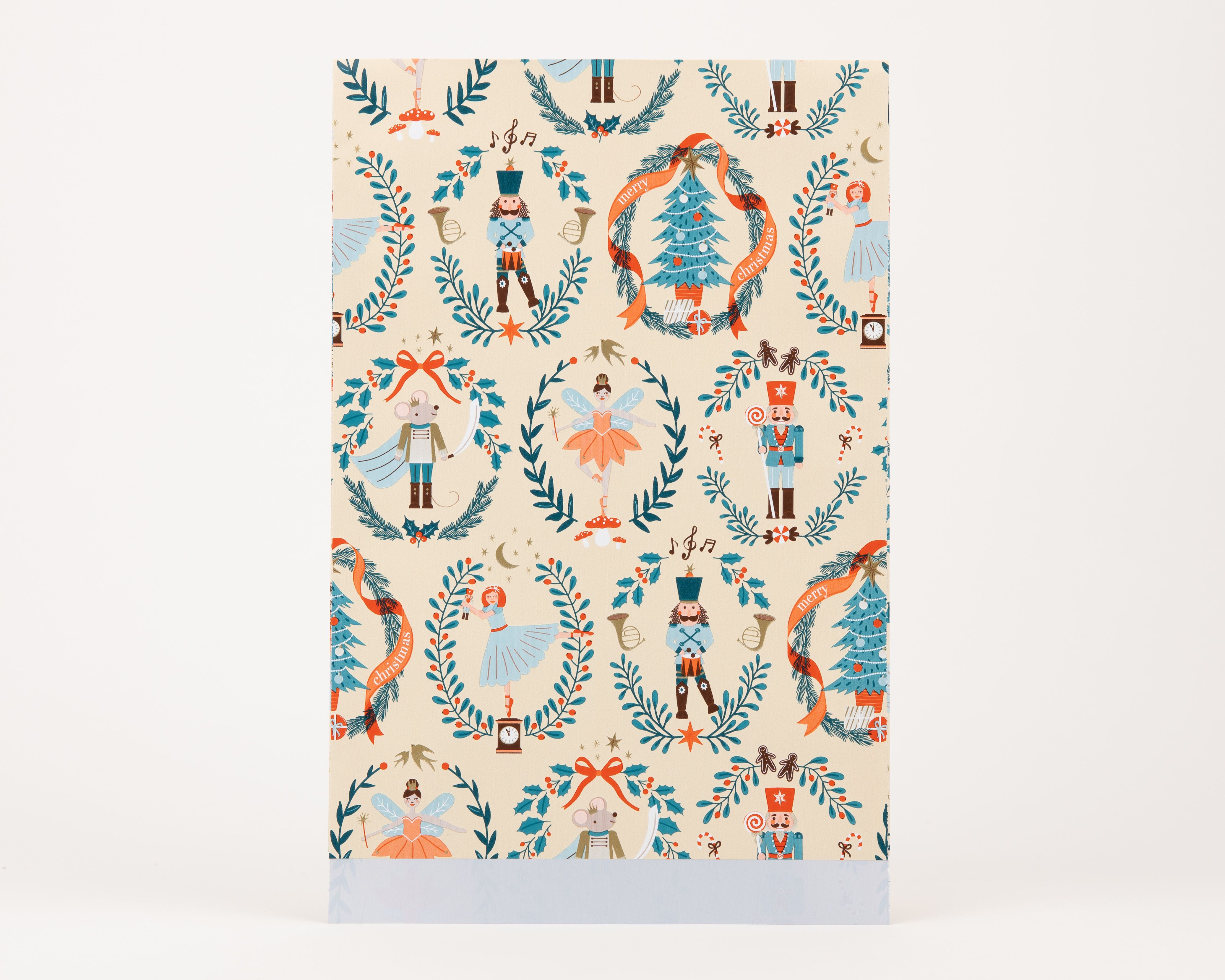 Papiertüten Flachbeutel in Beige mit farbenfrohem Nussknacker-Weihnachtsmotiv und hellblauer Innenseite