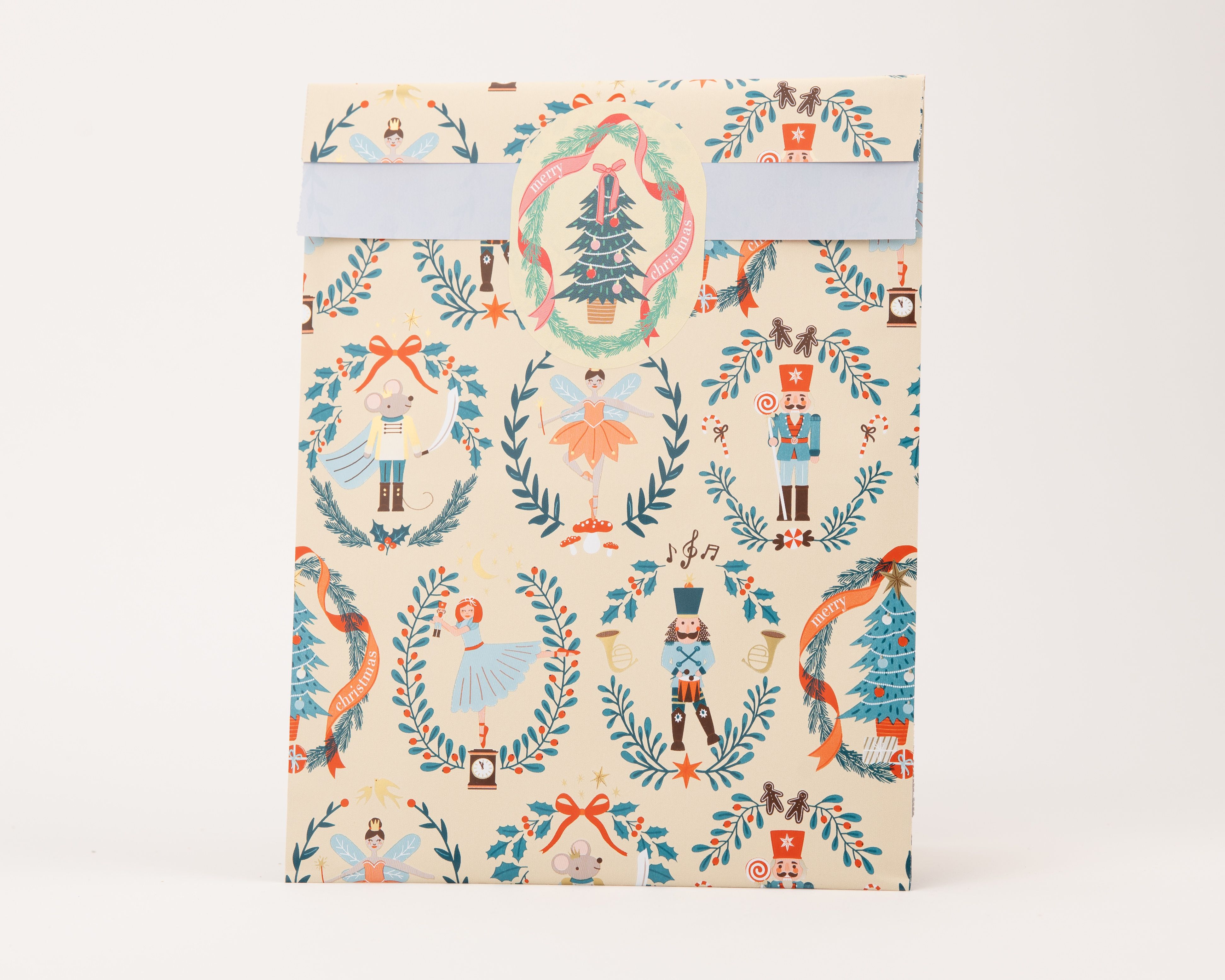 Papiertüten Flachbeutel in Beige mit festlichem Nussknacker-Weihnachtsmotiv in Petrol, Hellblau und Orangerot. Die Innenseite ist Hellblau