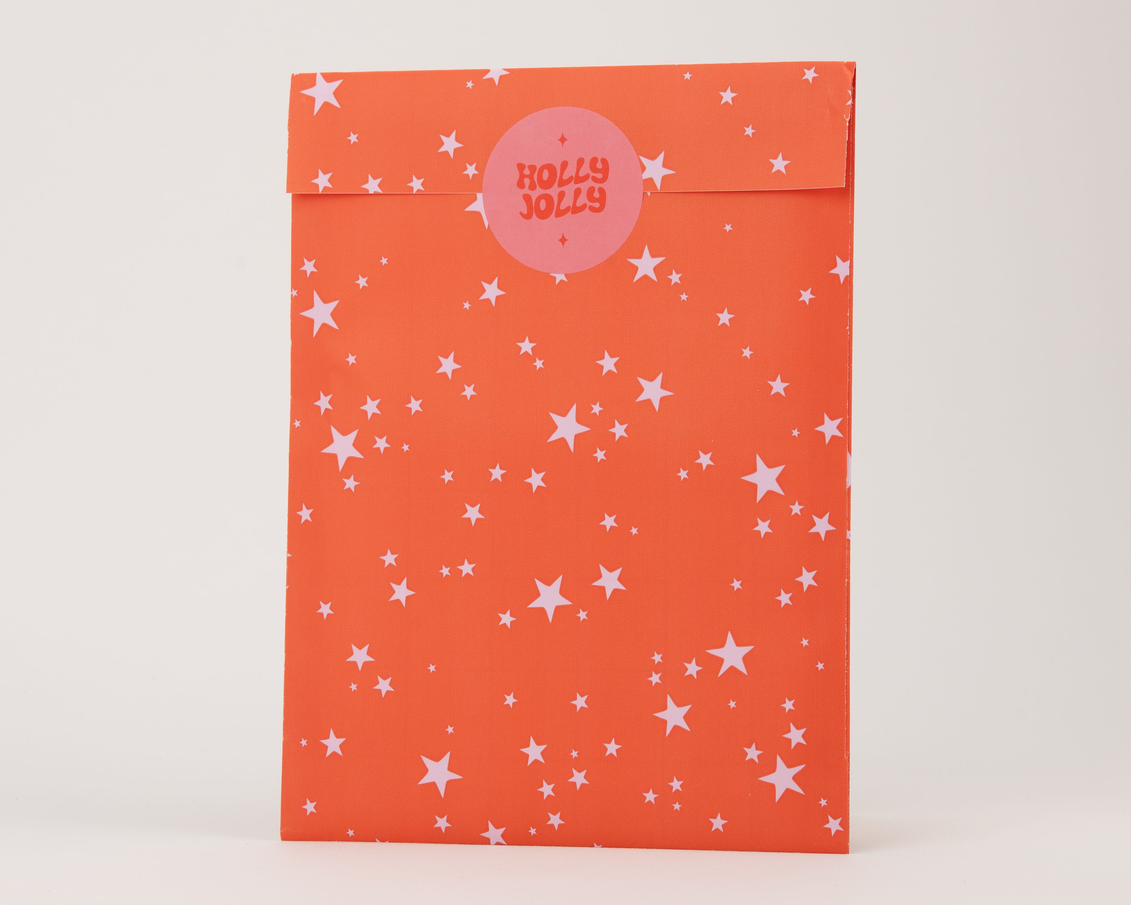 Papiertüten Flachbeutel in Orangerot mit rosa Sternennacht Muster und rosa Innenseite
