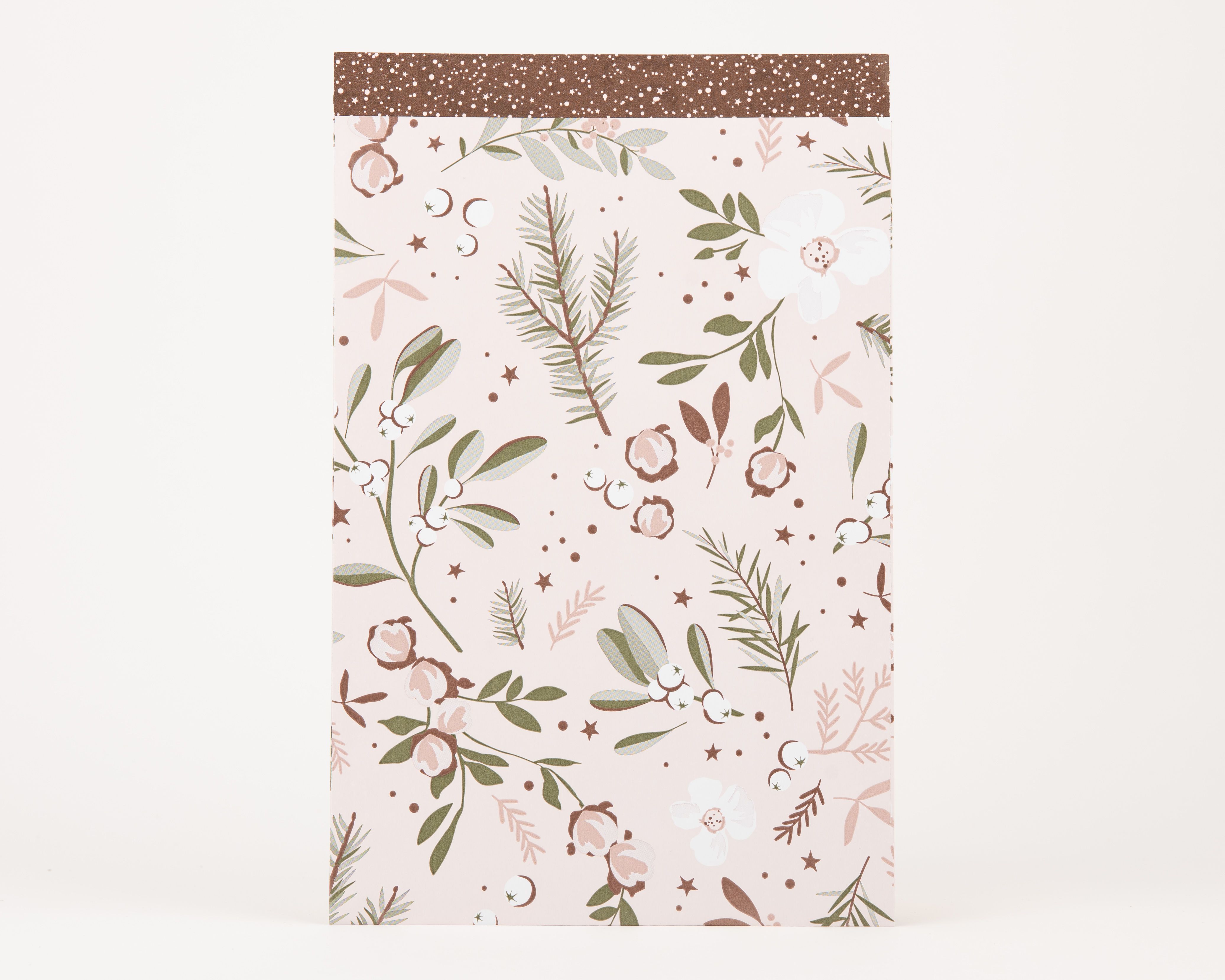 Papiertüten Flachbeutel im Wintergarten-Design. Außen rosa mit olivgrünen Pflanzenmotiven, innen dunkelbraun mit hellen Punkten