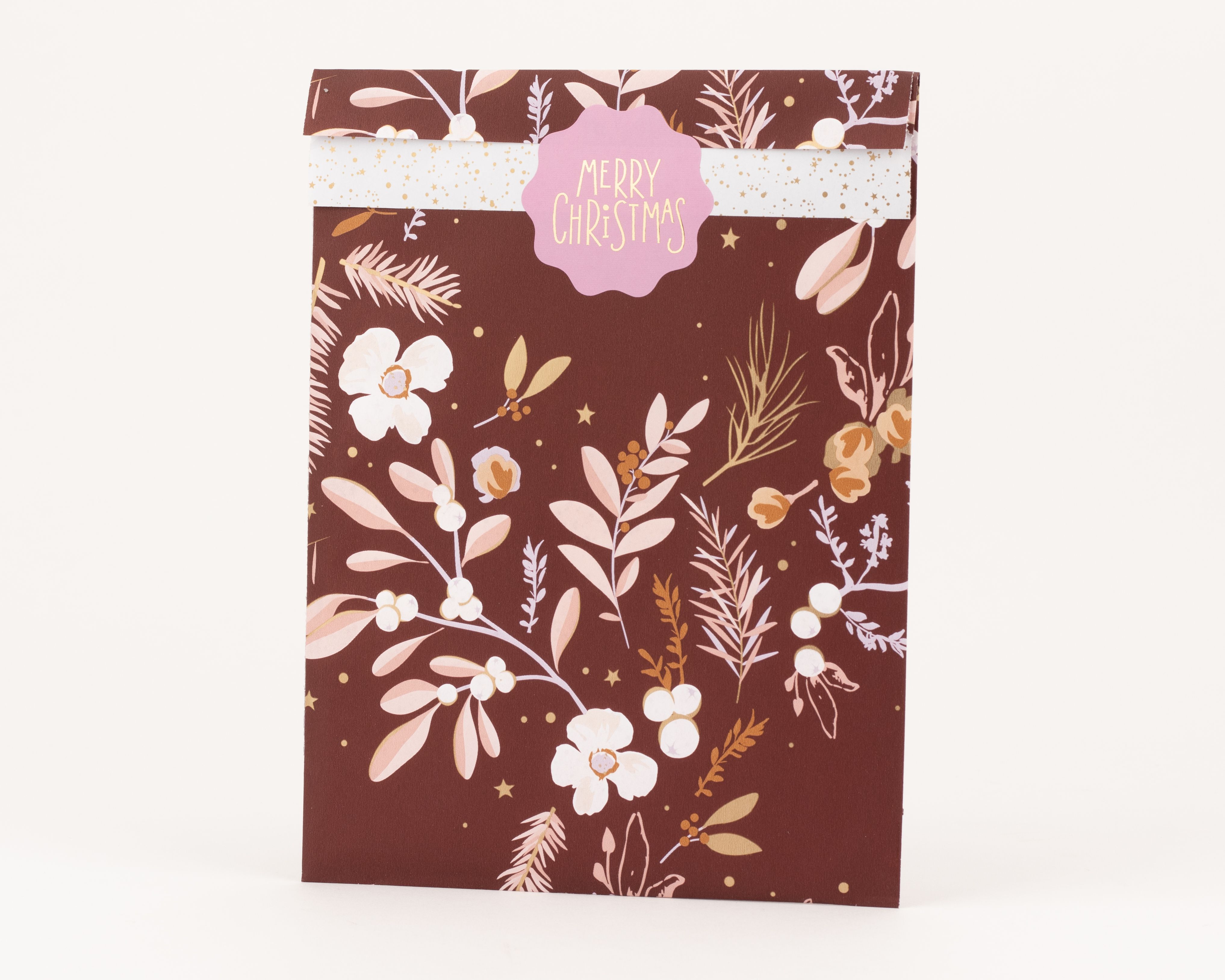 Flachbeutel in Weinrot mit floralem Goldmuster, Akzenten in Rosa und Lila. Innen hell mit goldenen Sternen und Punkten