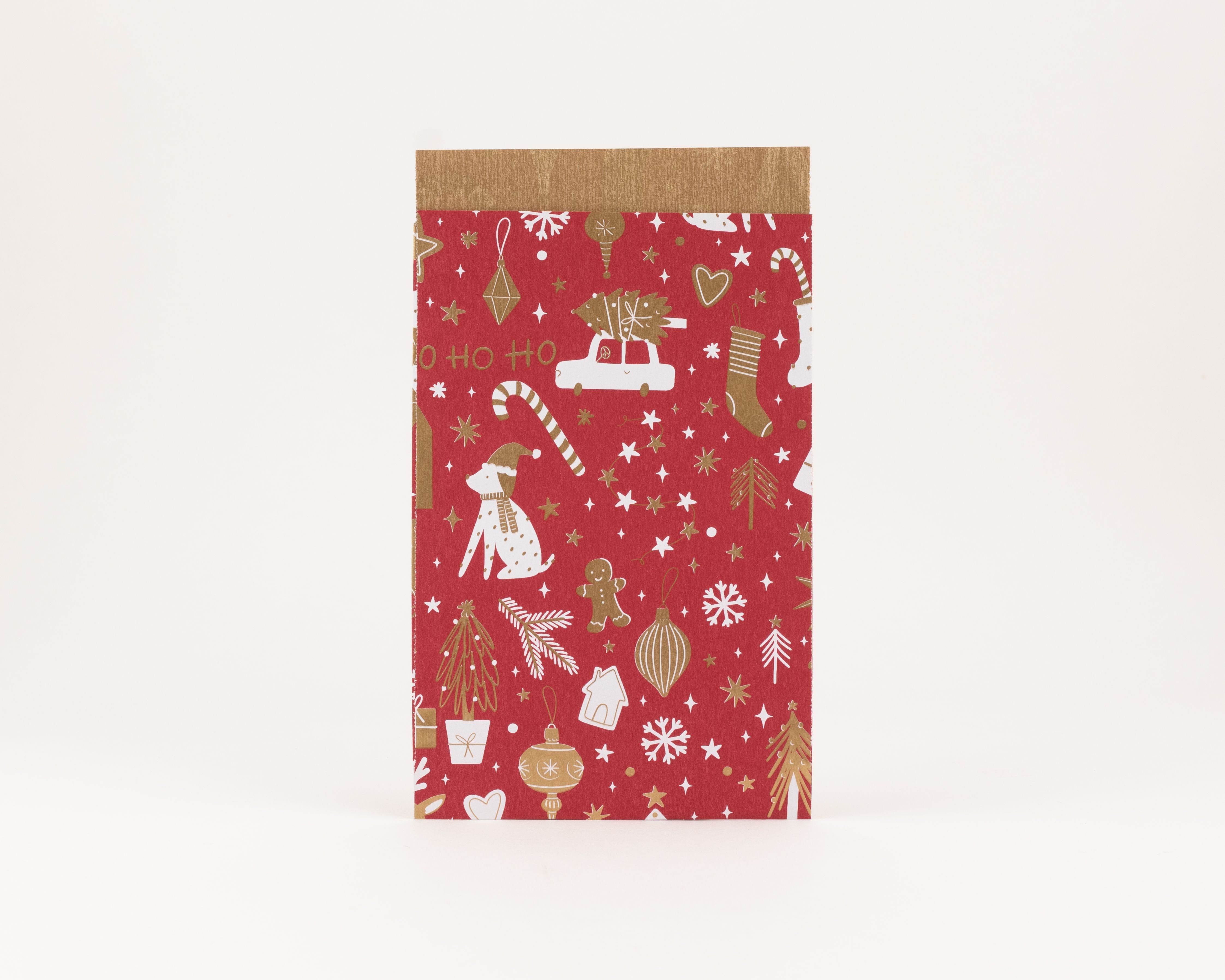 Flachbeutel mit rotem Grundton und goldenem sowie weißem Weihnachtsmotiv inklusive Goldeffekt und einer schlichten braunen Innenseite