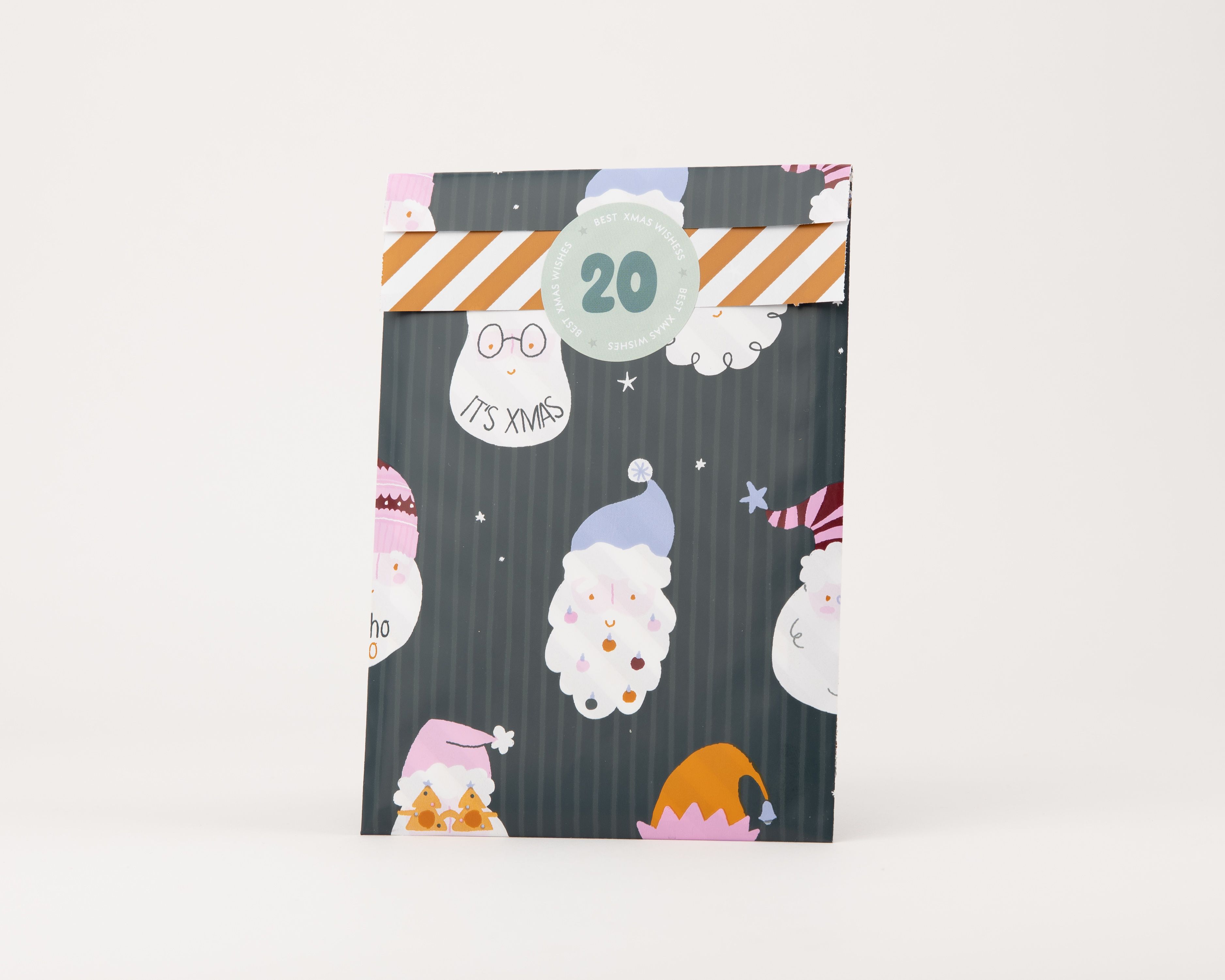 Papiertüten Flachbeutel mit Crazy-Santa-Weihnachtsmotiv in Petrol, Rosa, Hellblau, Weinrot und Ocker. Die Innenseite zeigt orange-weiße Streifen