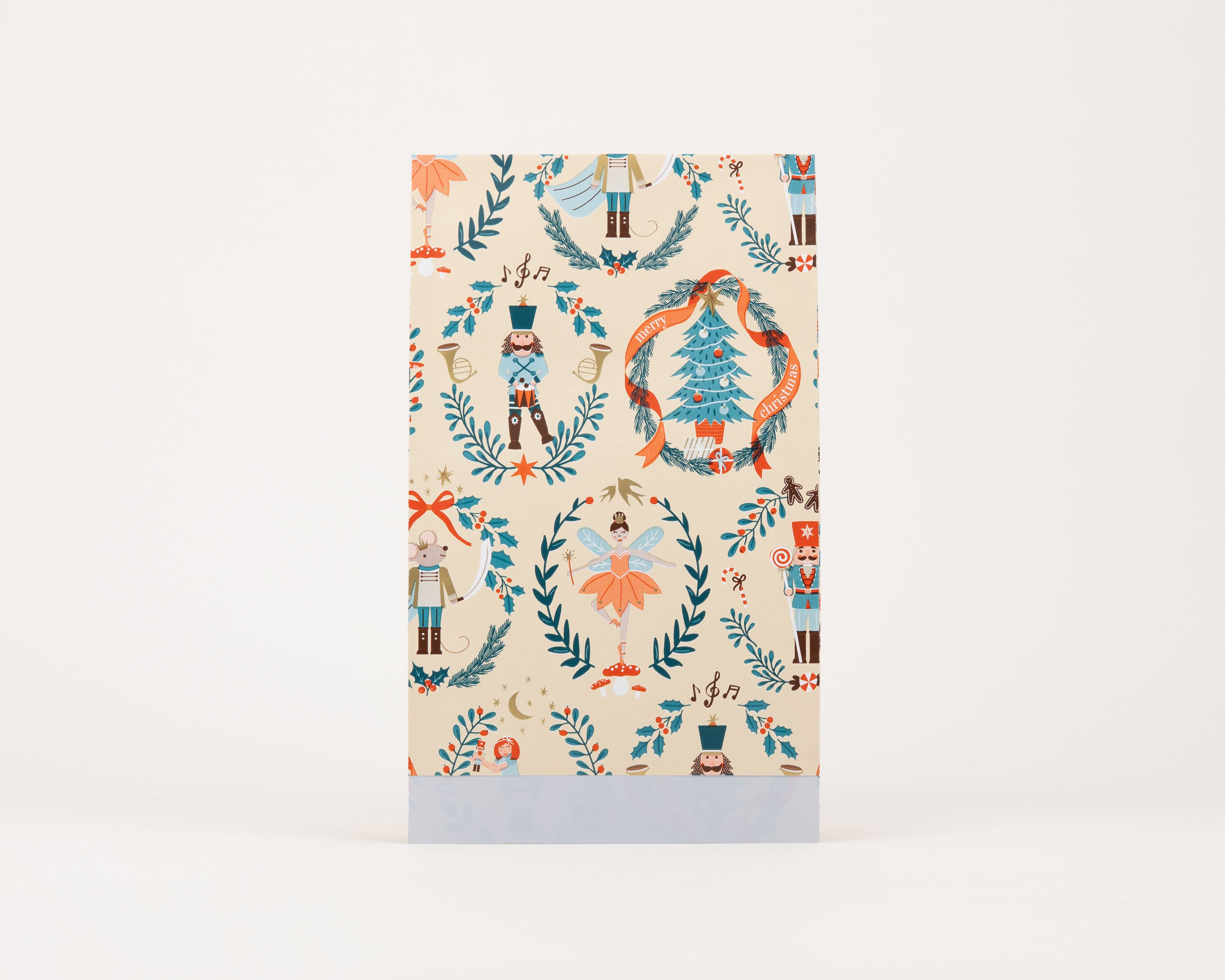 Papiertüten Flachbeutel mit beigem Hintergrund und Nussknacker-Weihnachtsmotiv in Petrol, Hellblau und Orangerot, Innenseite in Hellblau