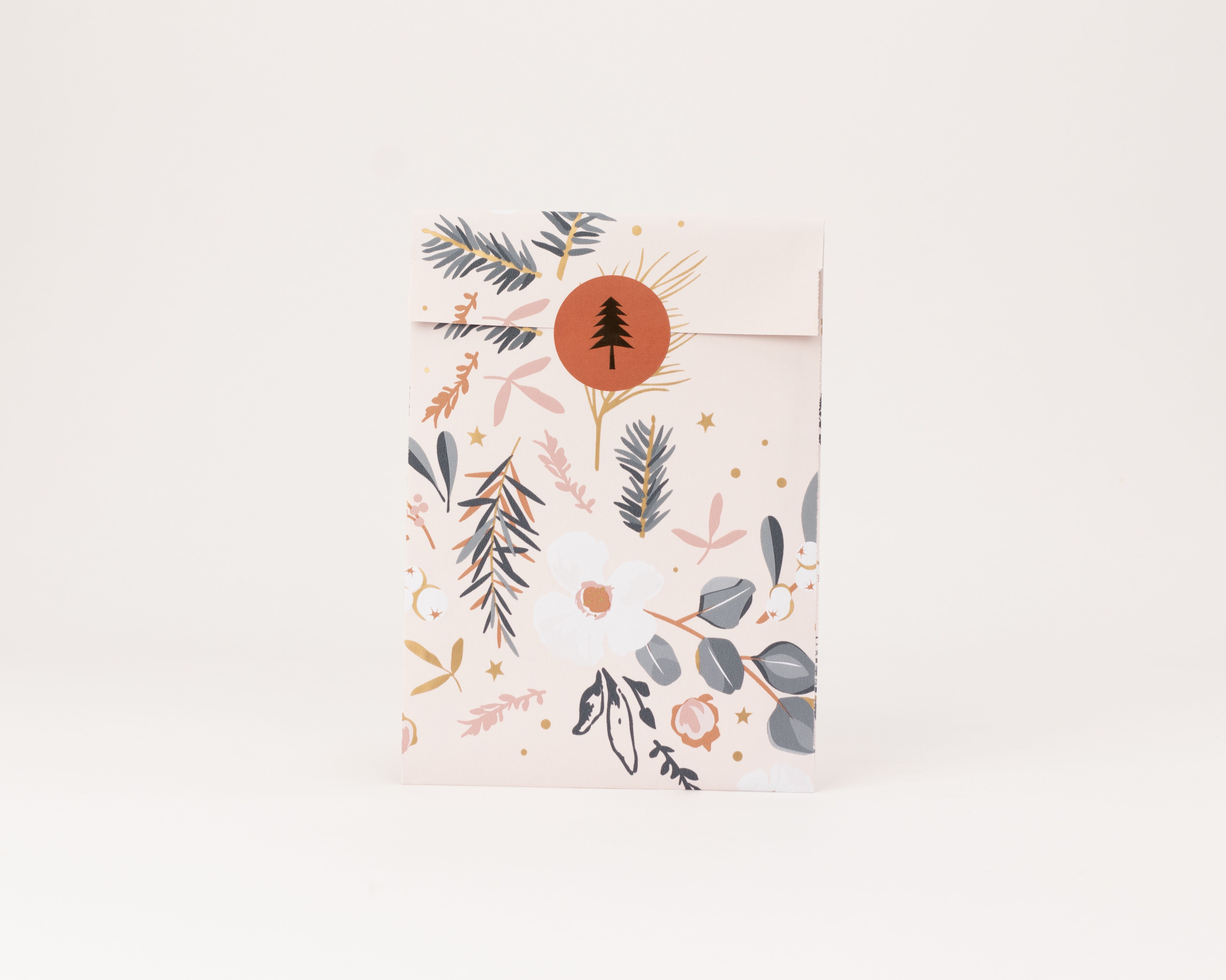 Flachbeutel mit rosafarbenem Hintergrund und botanischem Wintergartenmuster in Grau, Rosa, Orange und Goldeffekten, die Innenseite ist hellrosa