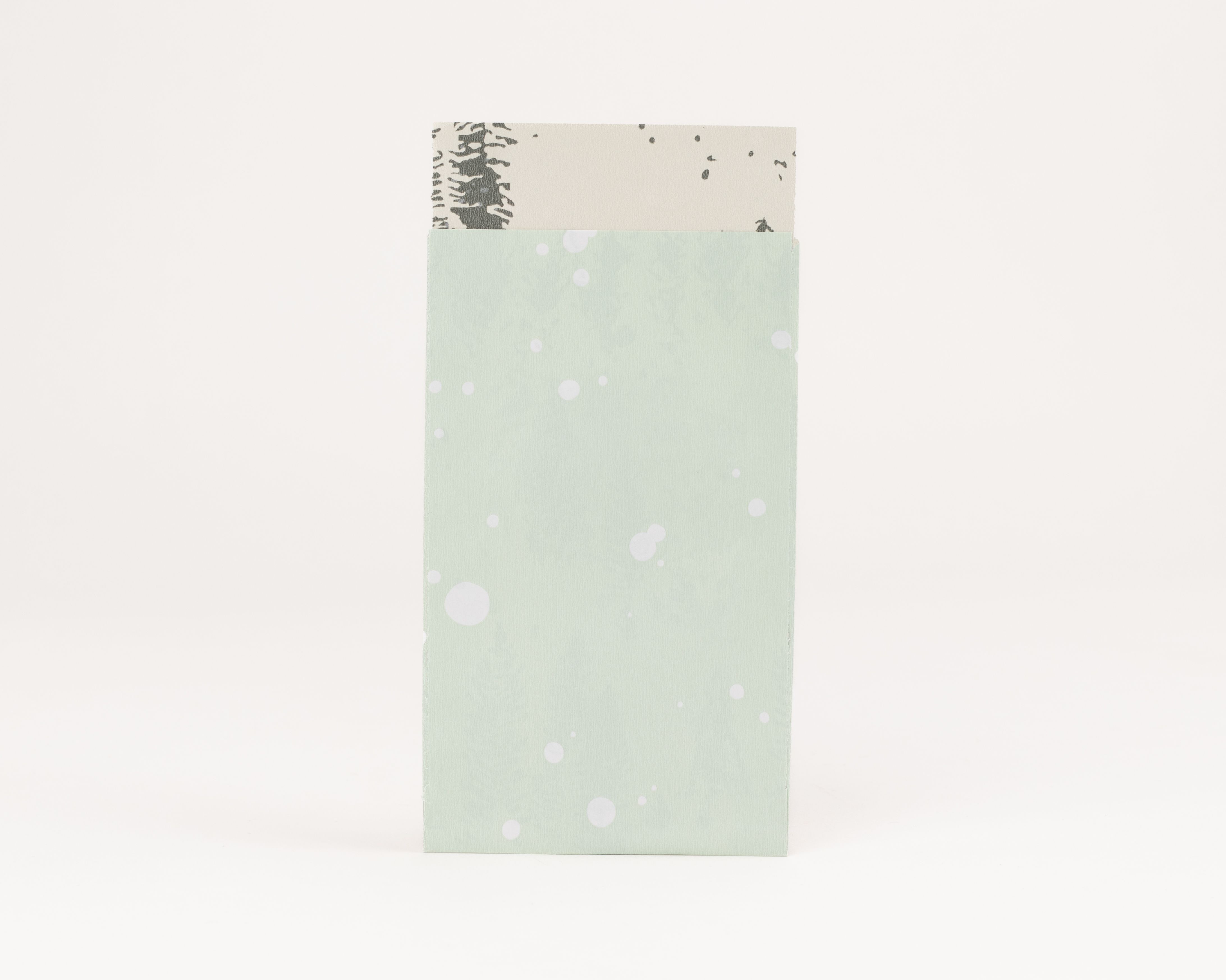 Flachbeutel mit hellgrüner Oberfläche und weißen Schneeflockenpunkten. Die sichtbare Innenseite zeigt beigefarbenes Papier mit dunklen Baumstamm-Mustern