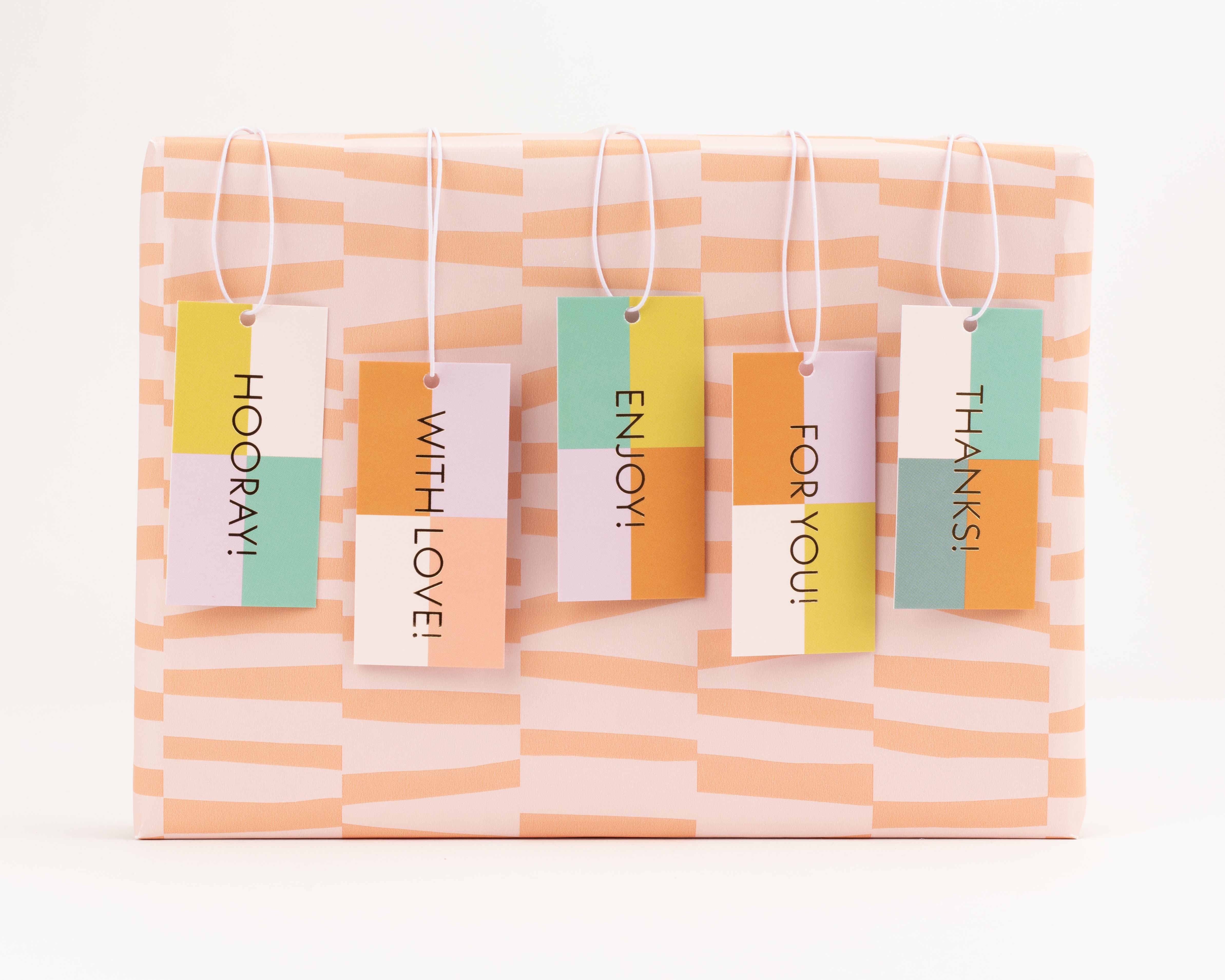 Geschenkanhänger-Set mit fünf rechteckigen Anhängern im Colorblocking-Design in lebhaften Pastellfarben wie Gelb, Mint, Rosa und Orange