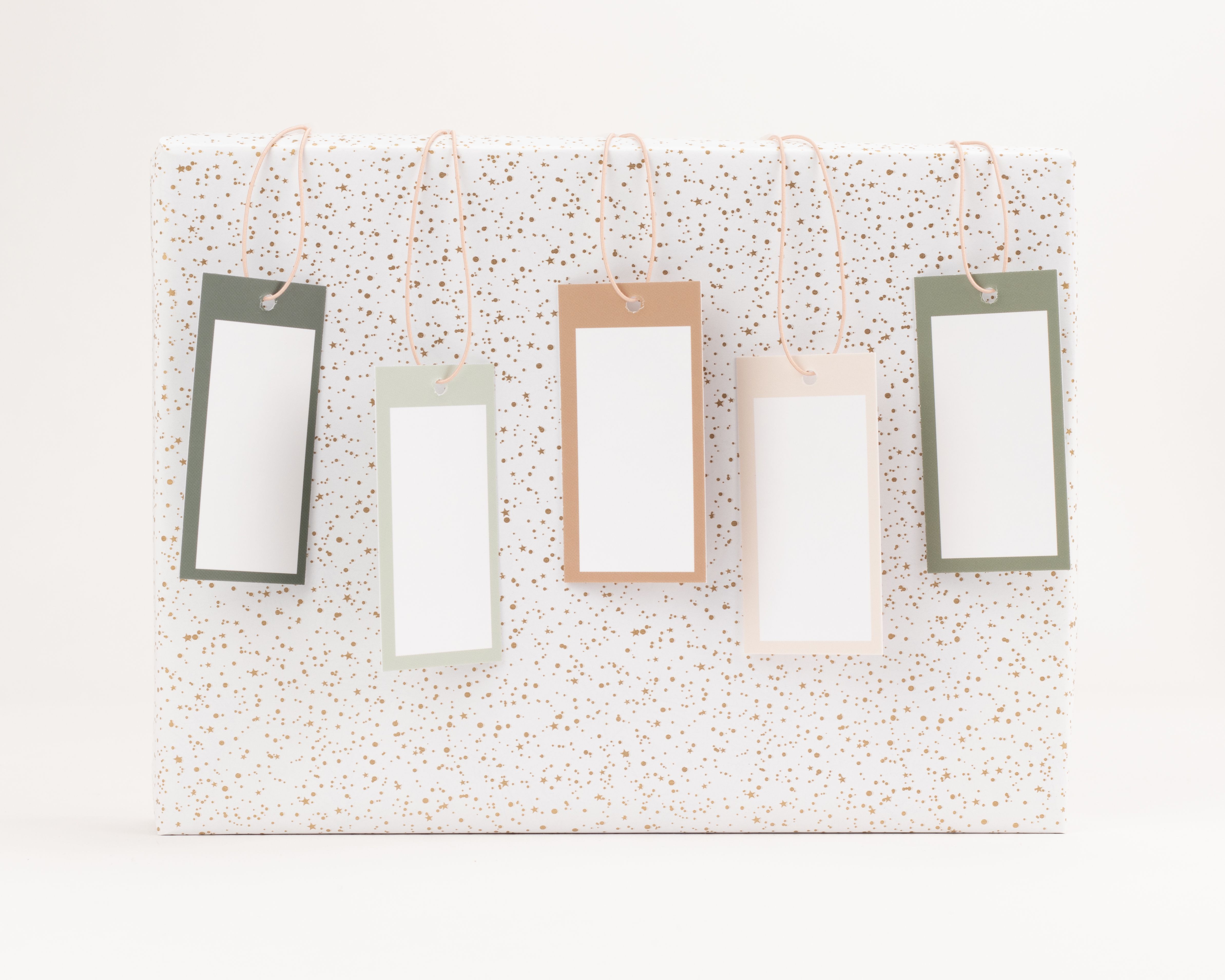 Geschenkanhänger-Set mit fünf rechteckigen Anhängern in verschiedenen Grüntönen, Terrakotta und Creme, jeweils mit weißer Schreibfläche