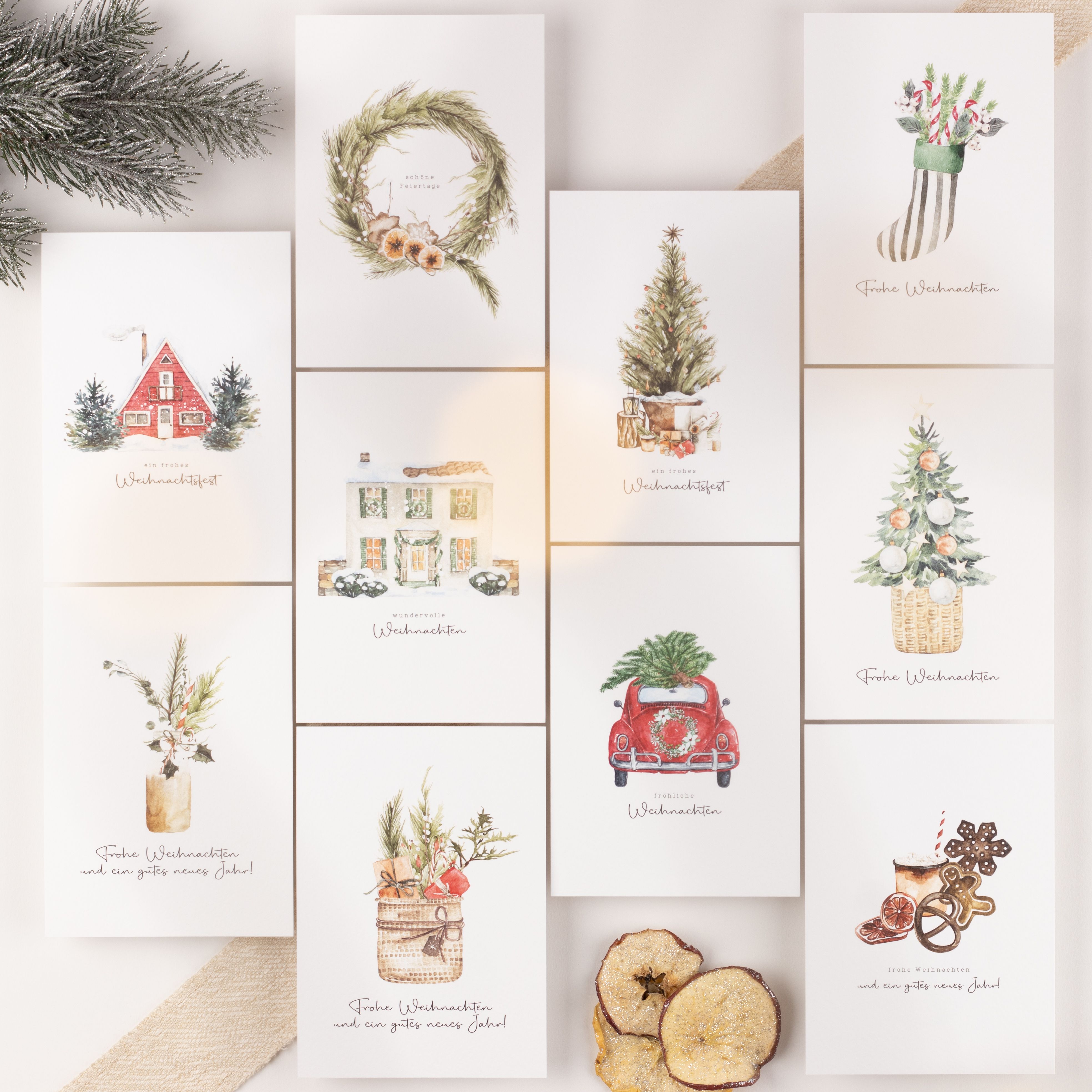 Weihnachtskarten - Boho Aquarell - 10er-Set