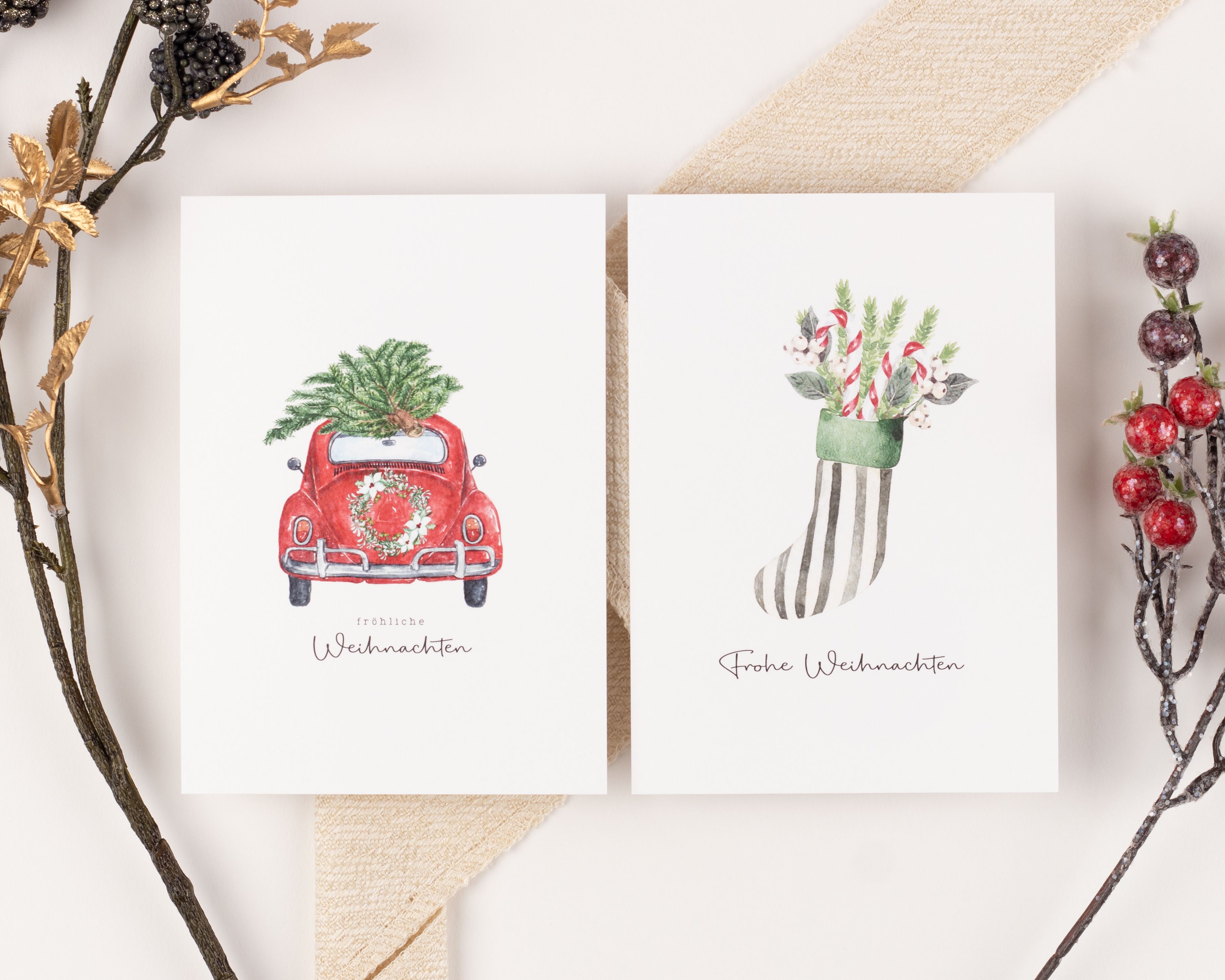 Weihnachtskarten - Boho Aquarell - 10er-Set