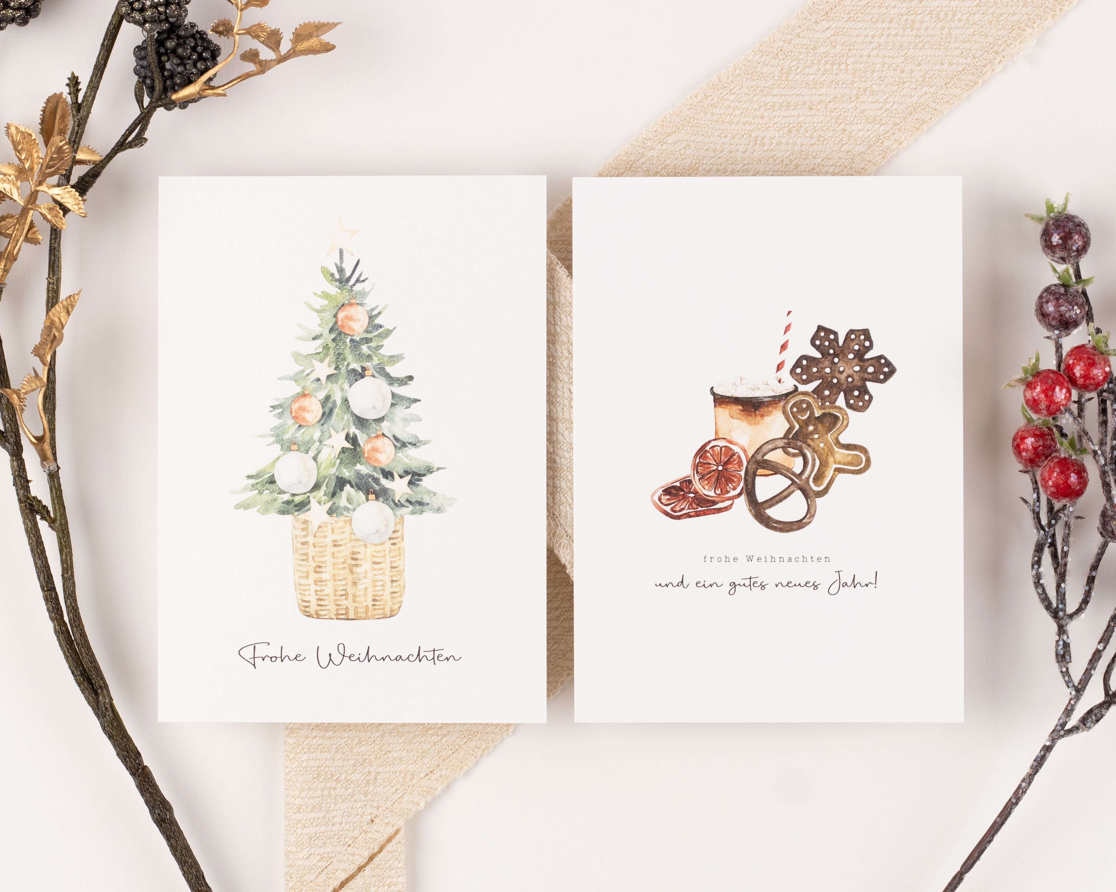Weihnachtskarten - Boho Aquarell - 10er-Set