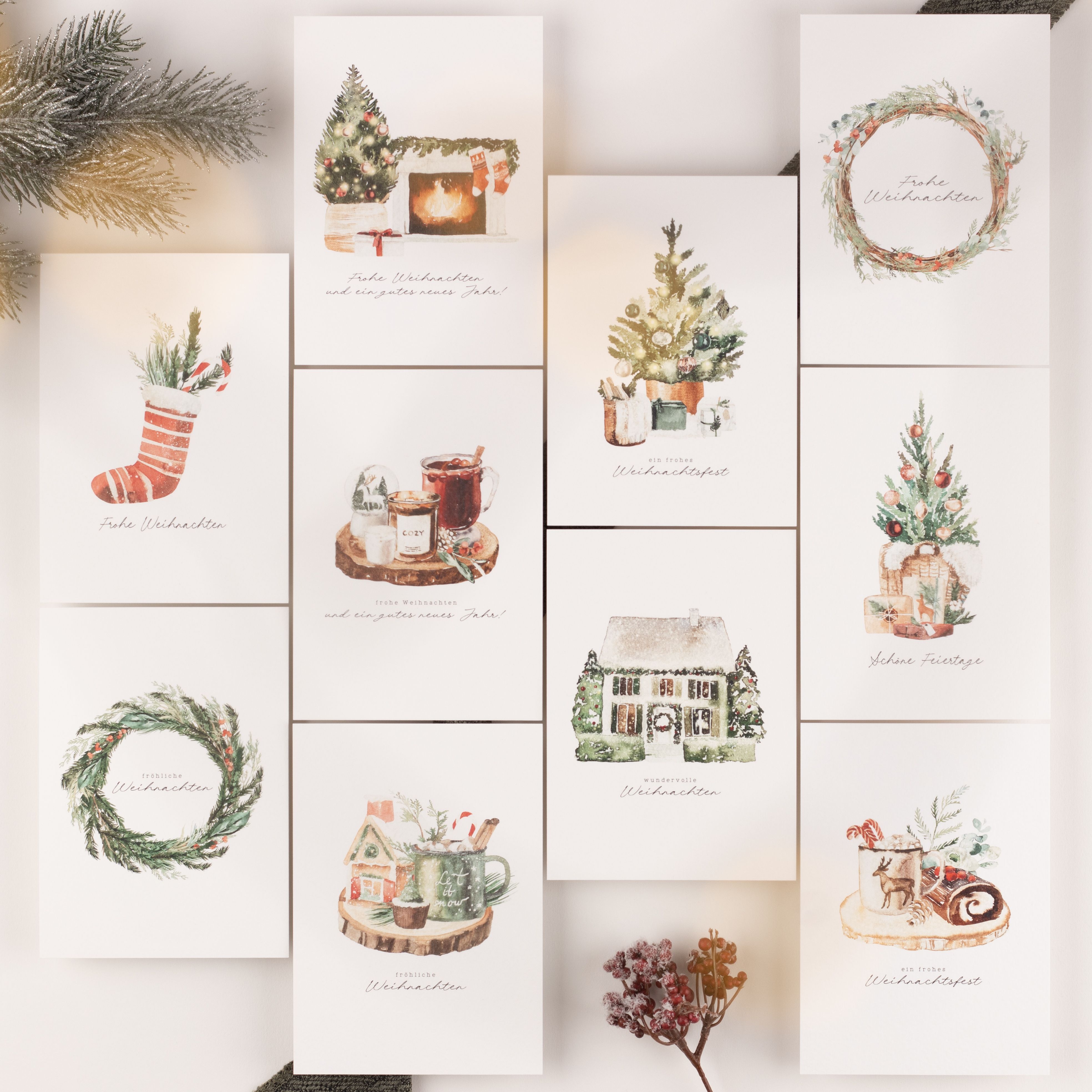 Weihnachtskarten - Cozy Christmas Aquarell - 10er-Set