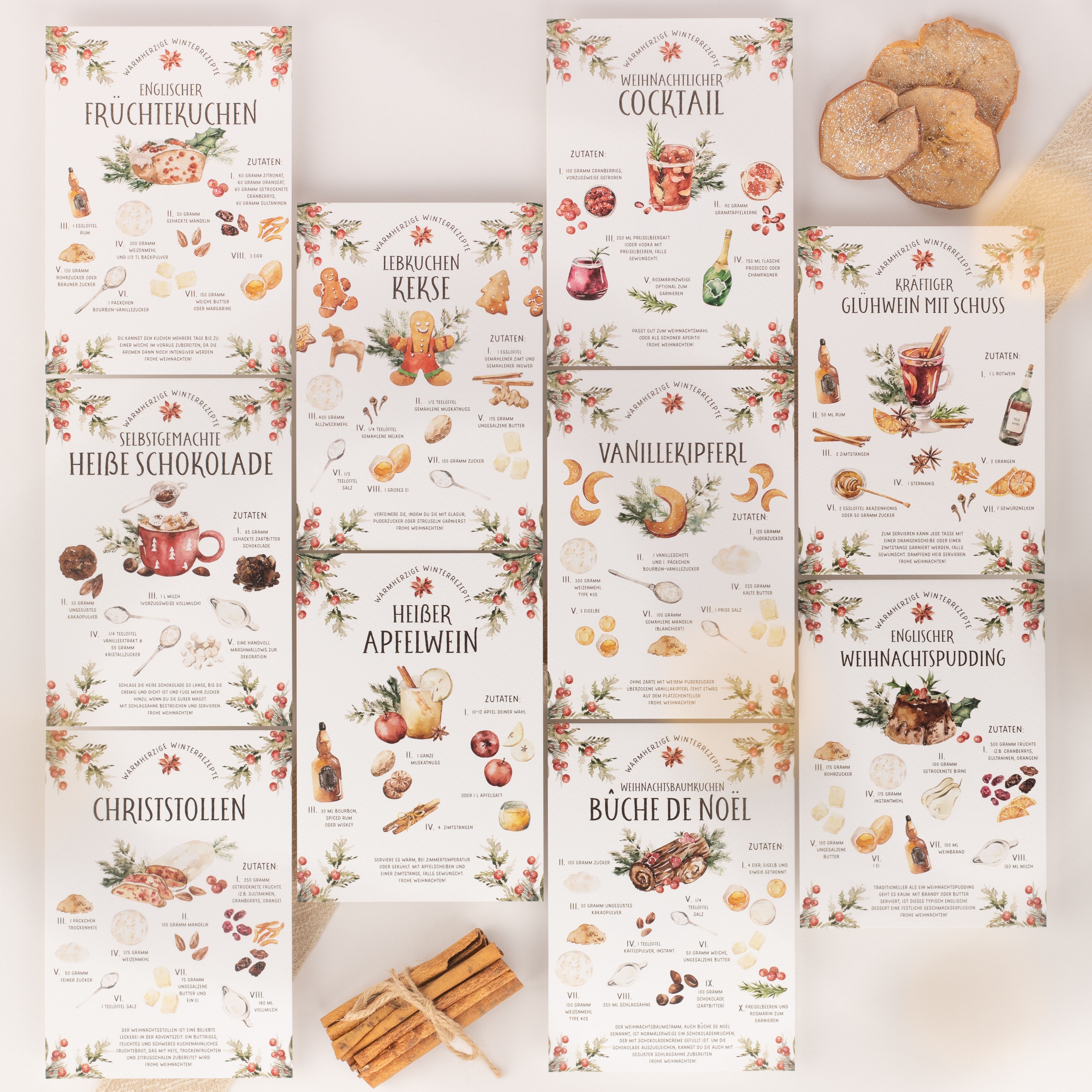 Weihnachtskarten - Weihnachtsrezepte Aquarell - 10er-Set