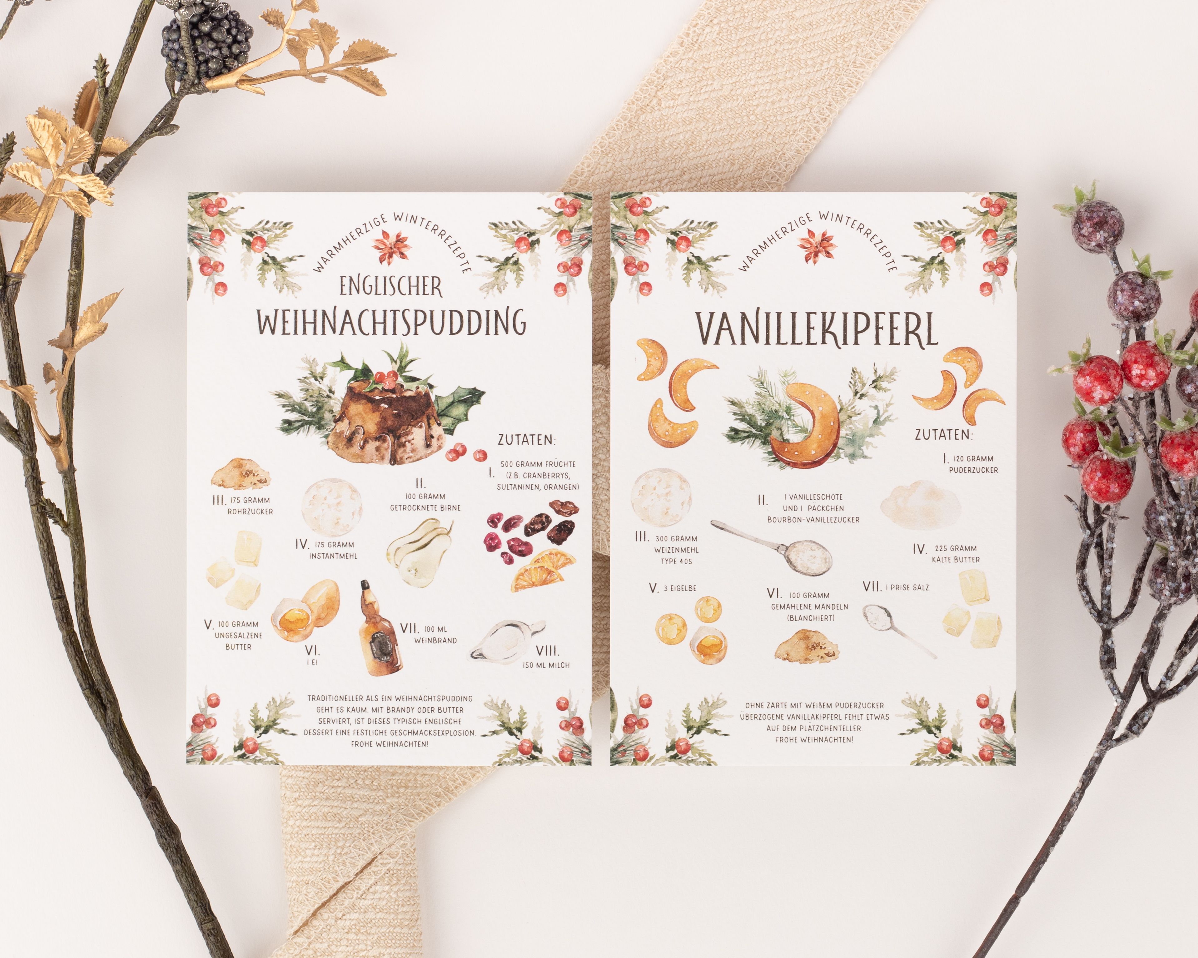 Weihnachtskarten - Weihnachtsrezepte Aquarell - 10er-Set