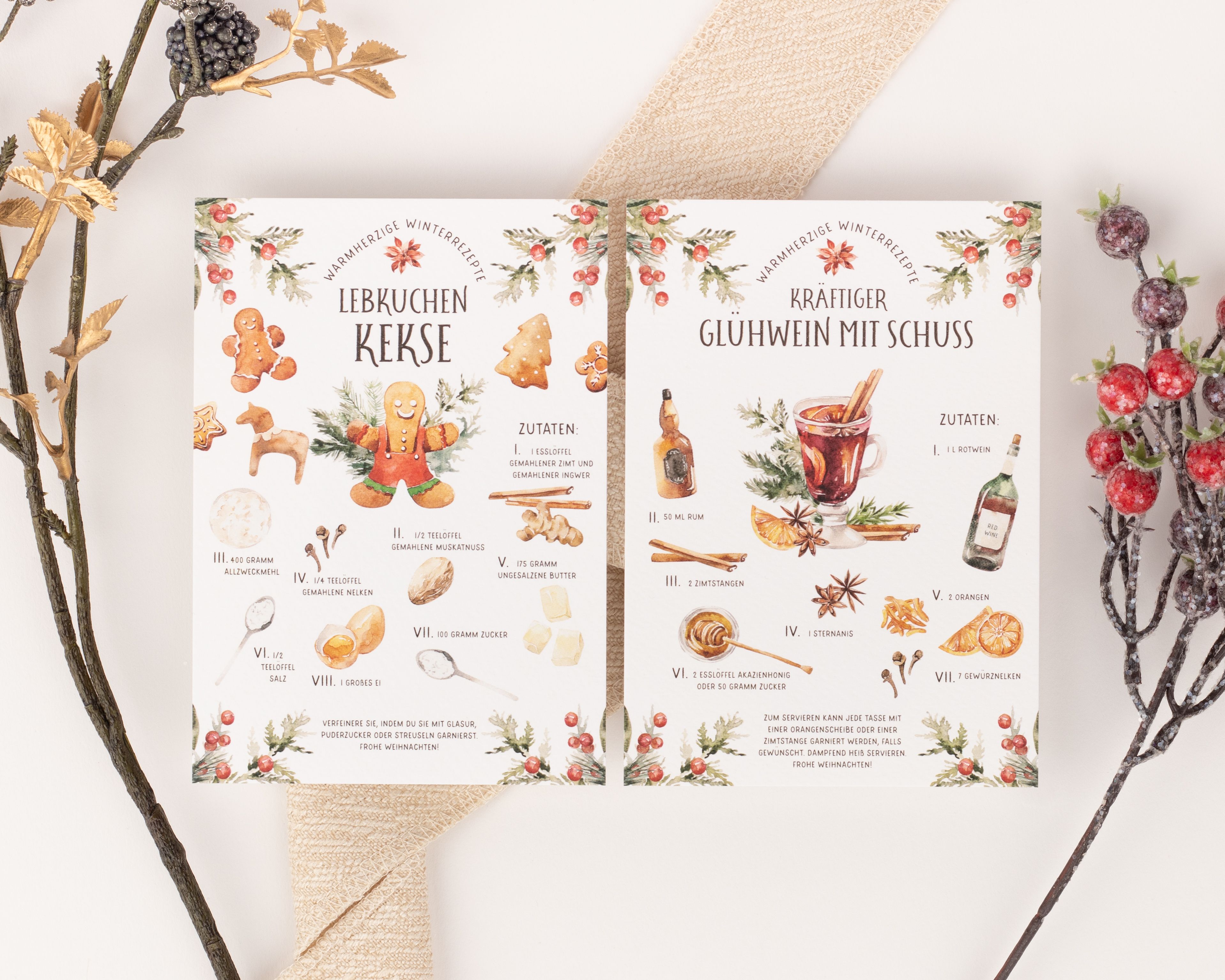 Weihnachtskarten - Weihnachtsrezepte Aquarell - 10er-Set